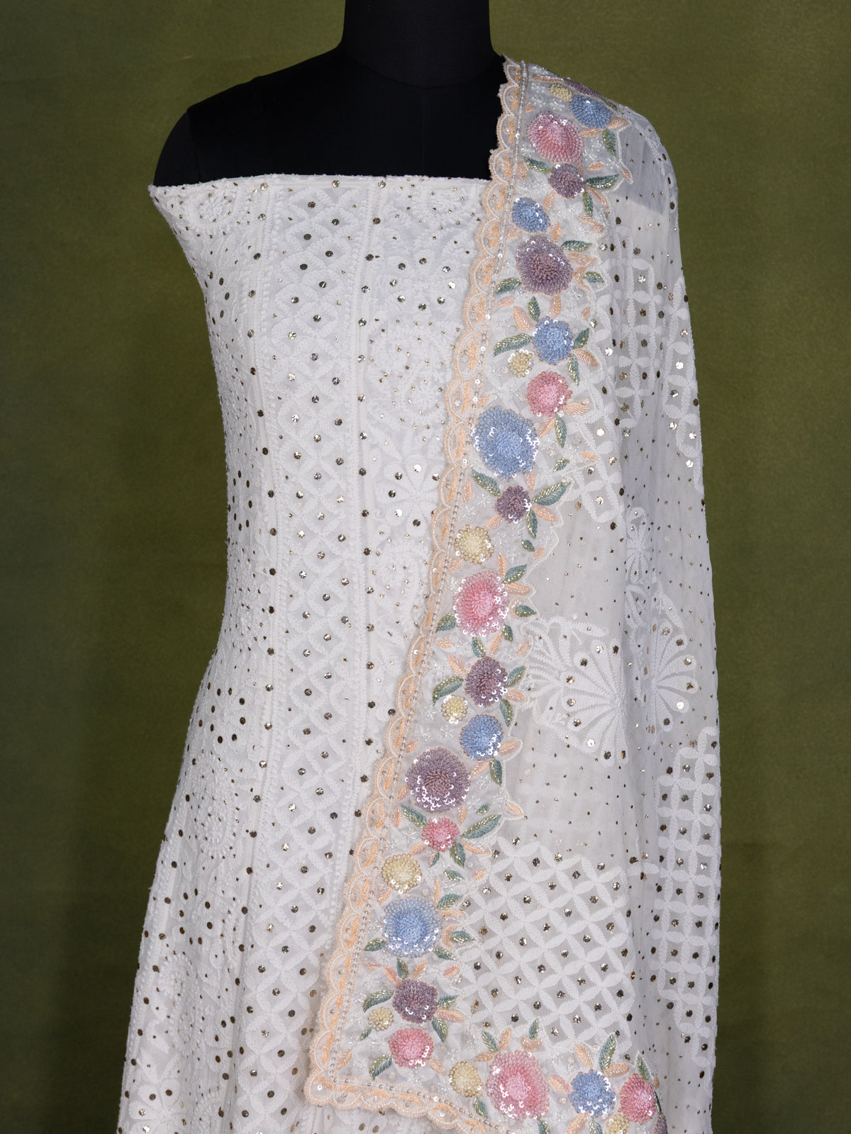 Off-White Georgette Unstitched Suit with Chikankari Work
