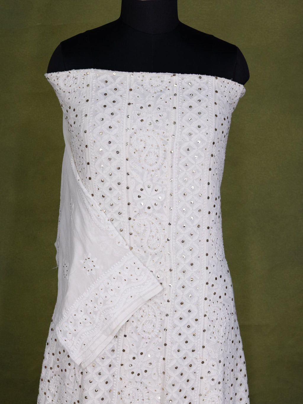 Off-White Georgette Unstitched Suit with Chikankari Work