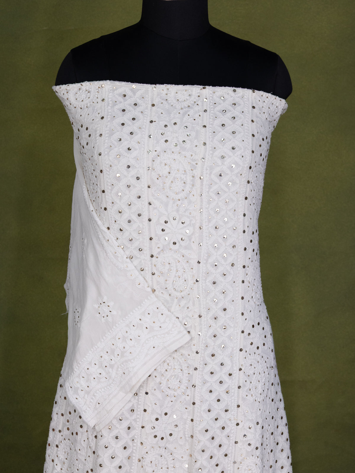 Off-White Georgette Unstitched Suit with Chikankari Work