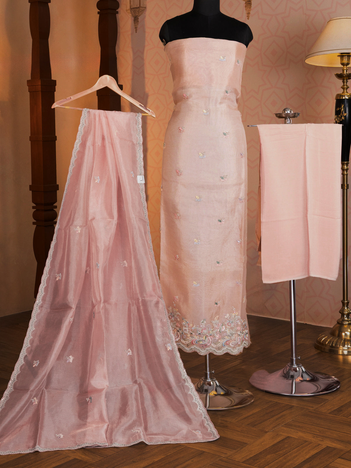 Peach Pink Tissue Silk Unstitched Suit