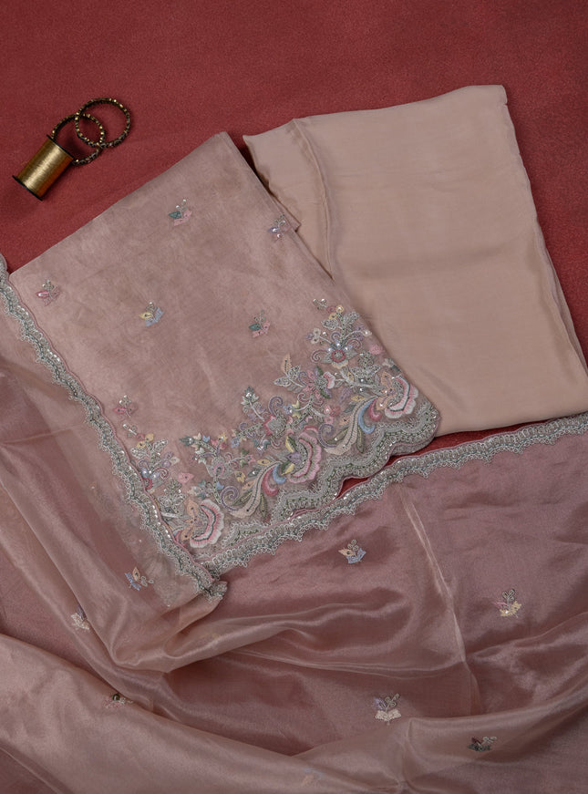 Peach Pink Tissue Silk Unstitched Suit
