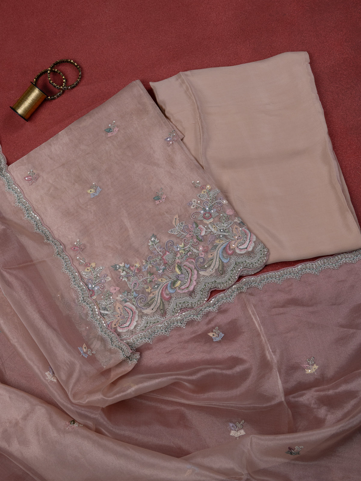Peach Pink Tissue Silk Unstitched Suit