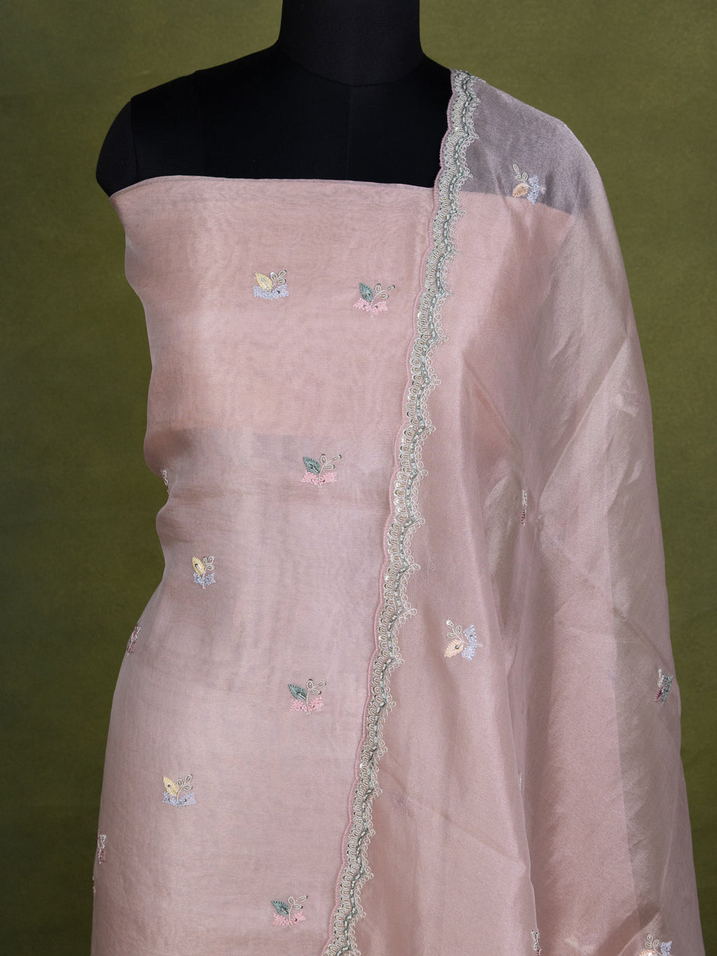 Peach Pink Tissue Silk Unstitched Suit