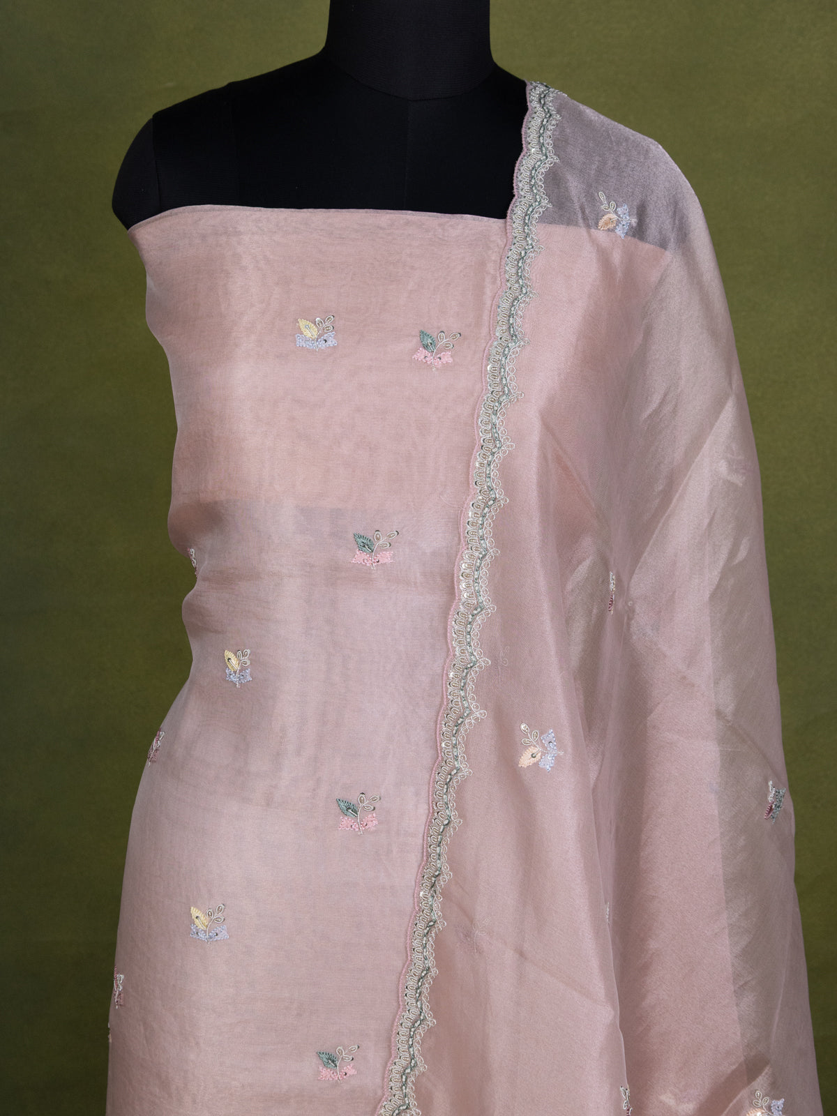 Peach Pink Tissue Silk Unstitched Suit