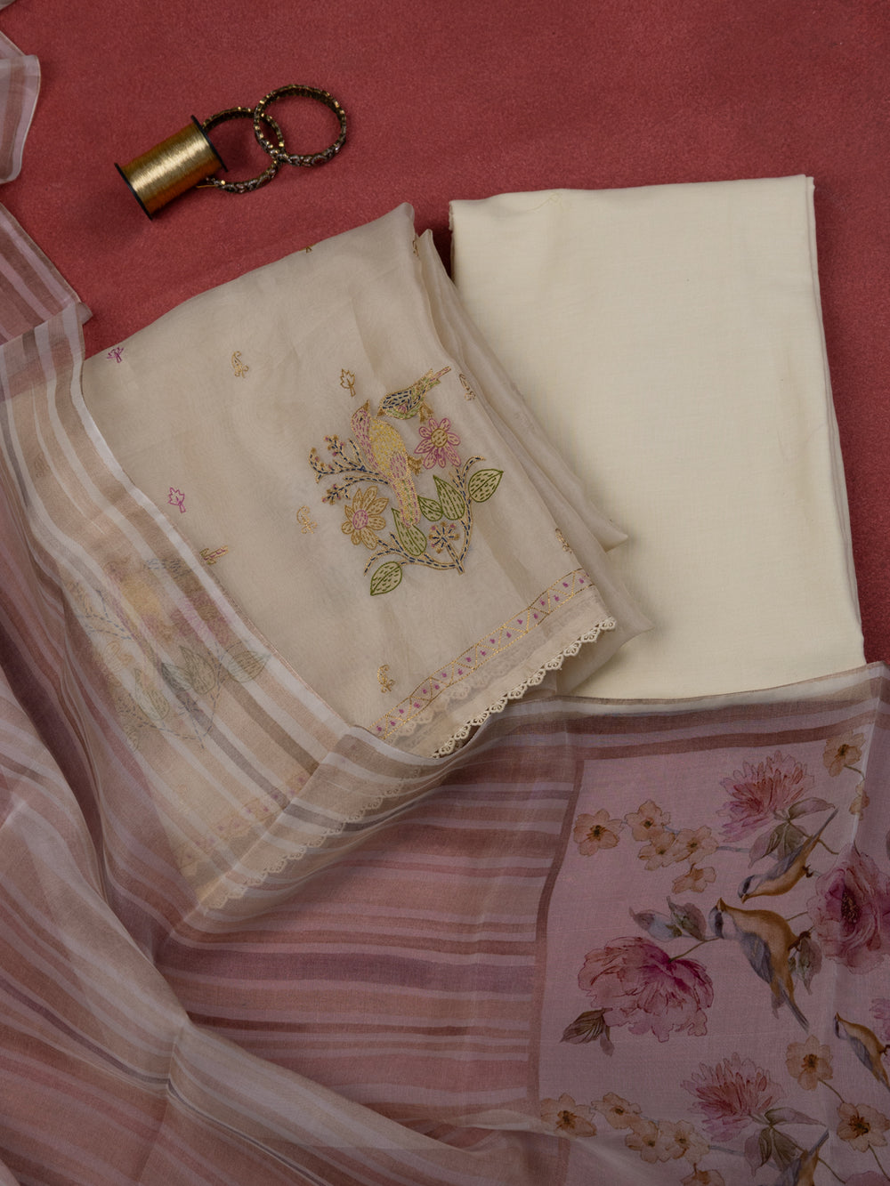Cream Organza Unstitched Suit