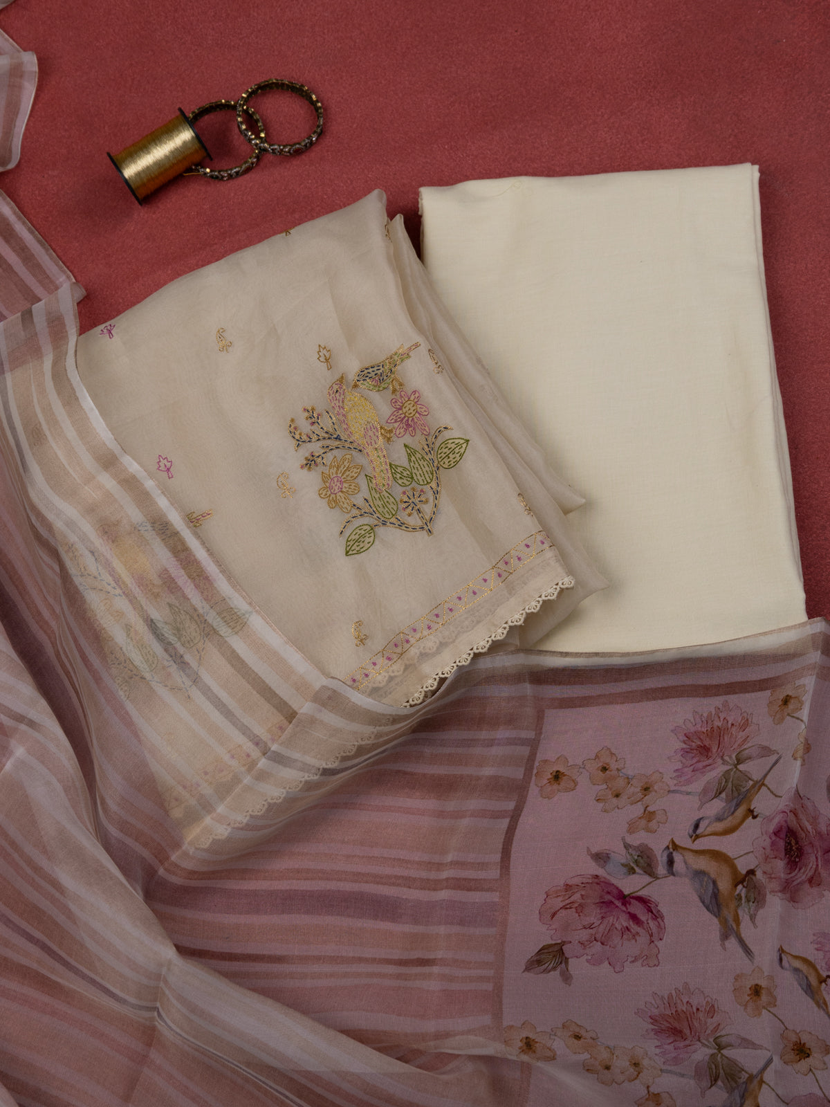 Cream Organza Unstitched Suit