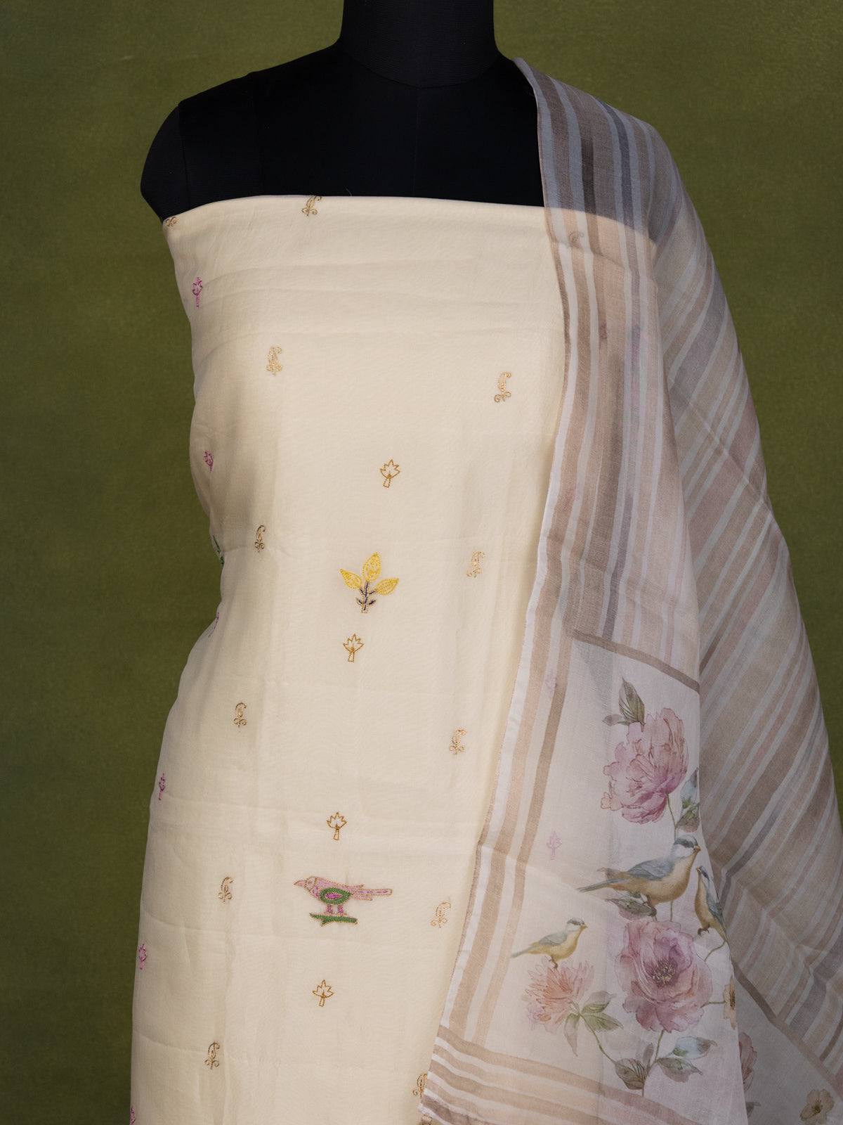 Cream Organza Unstitched Suit
