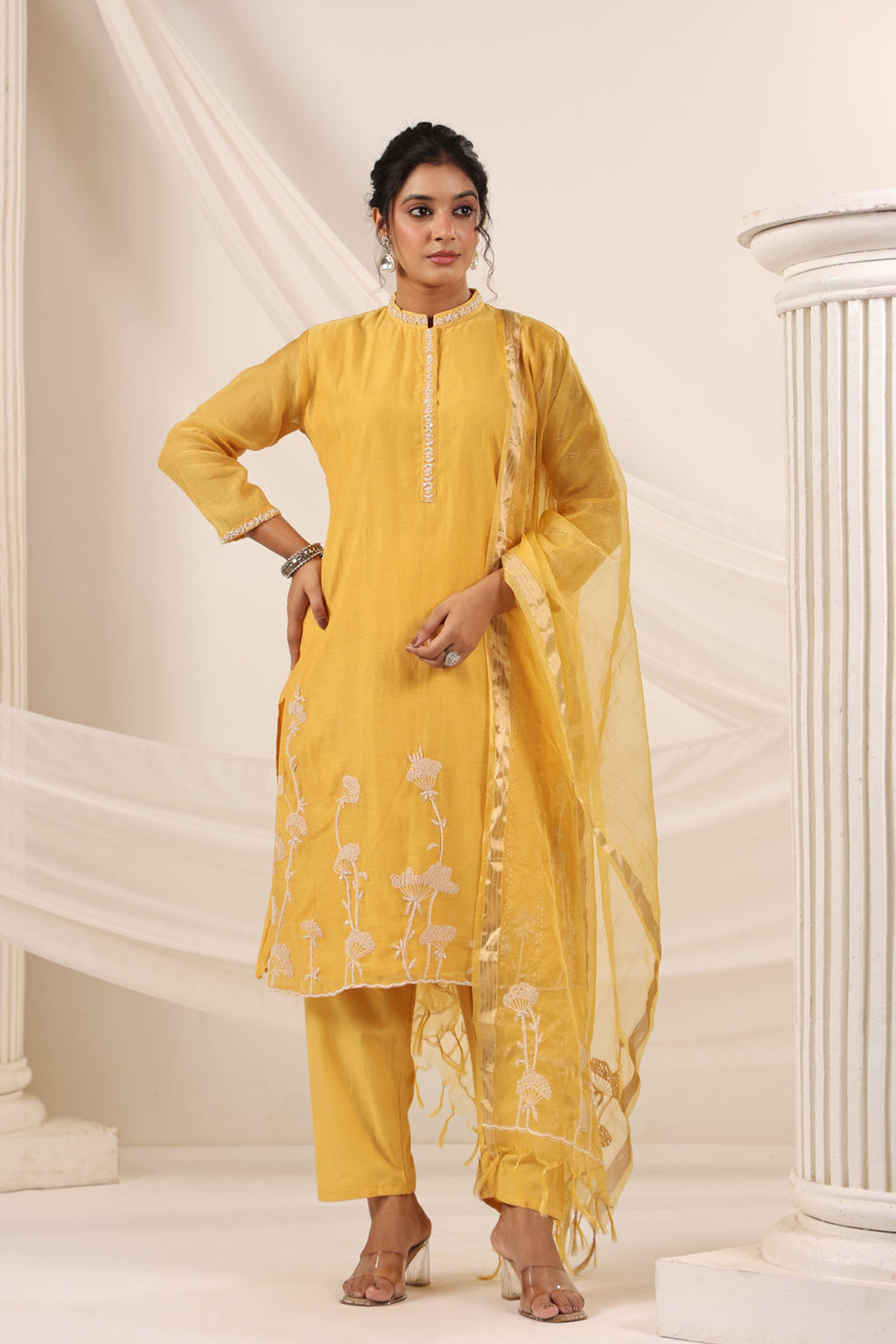 Mustard Yellow Chanderi Embroided Salwar Suit With Dupatta