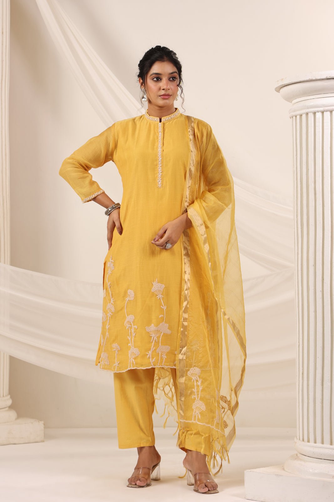 Mustard Yellow Chanderi Embroided Salwar Suit With Dupatta