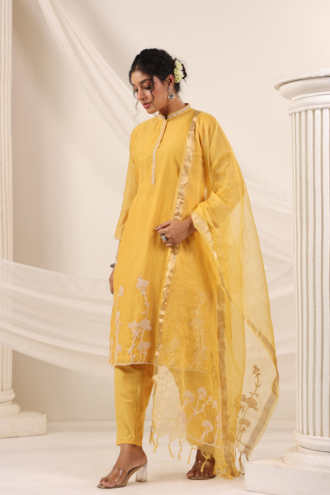 Mustard Yellow Chanderi Embroided Salwar Suit With Dupatta