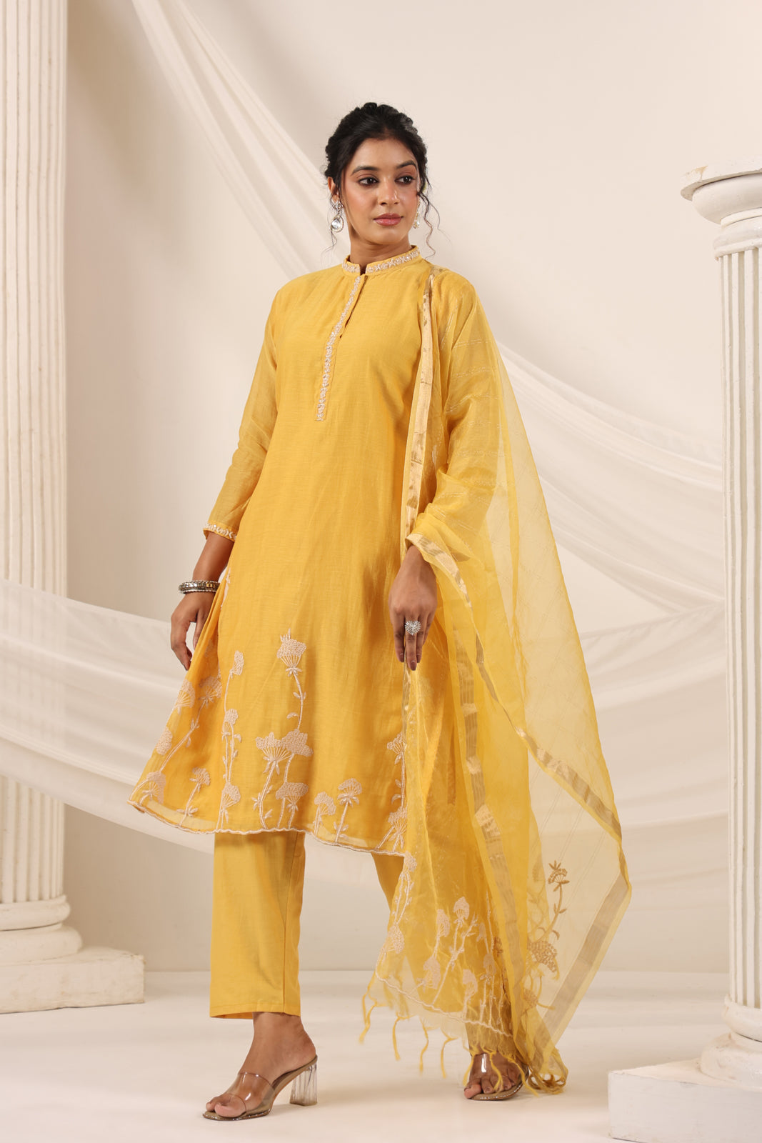 Mustard Yellow Chanderi Embroided Salwar Suit With Dupatta
