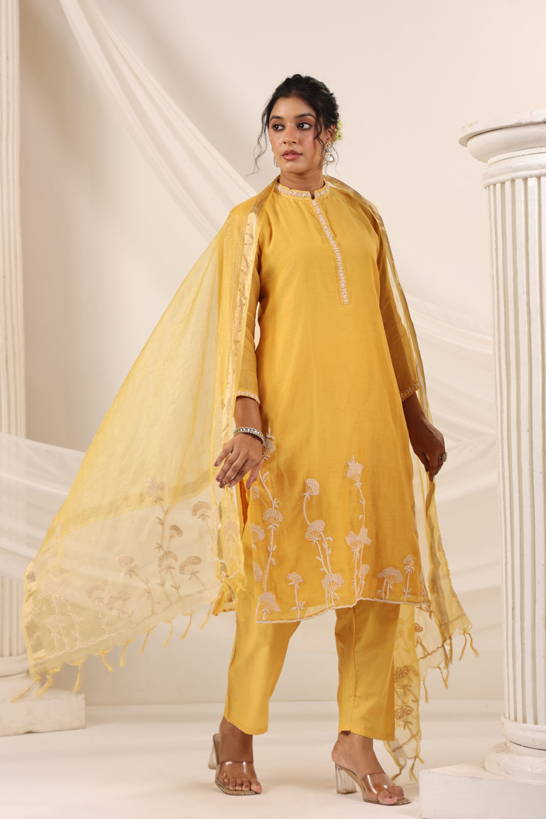Mustard Yellow Chanderi Embroided Salwar Suit With Dupatta