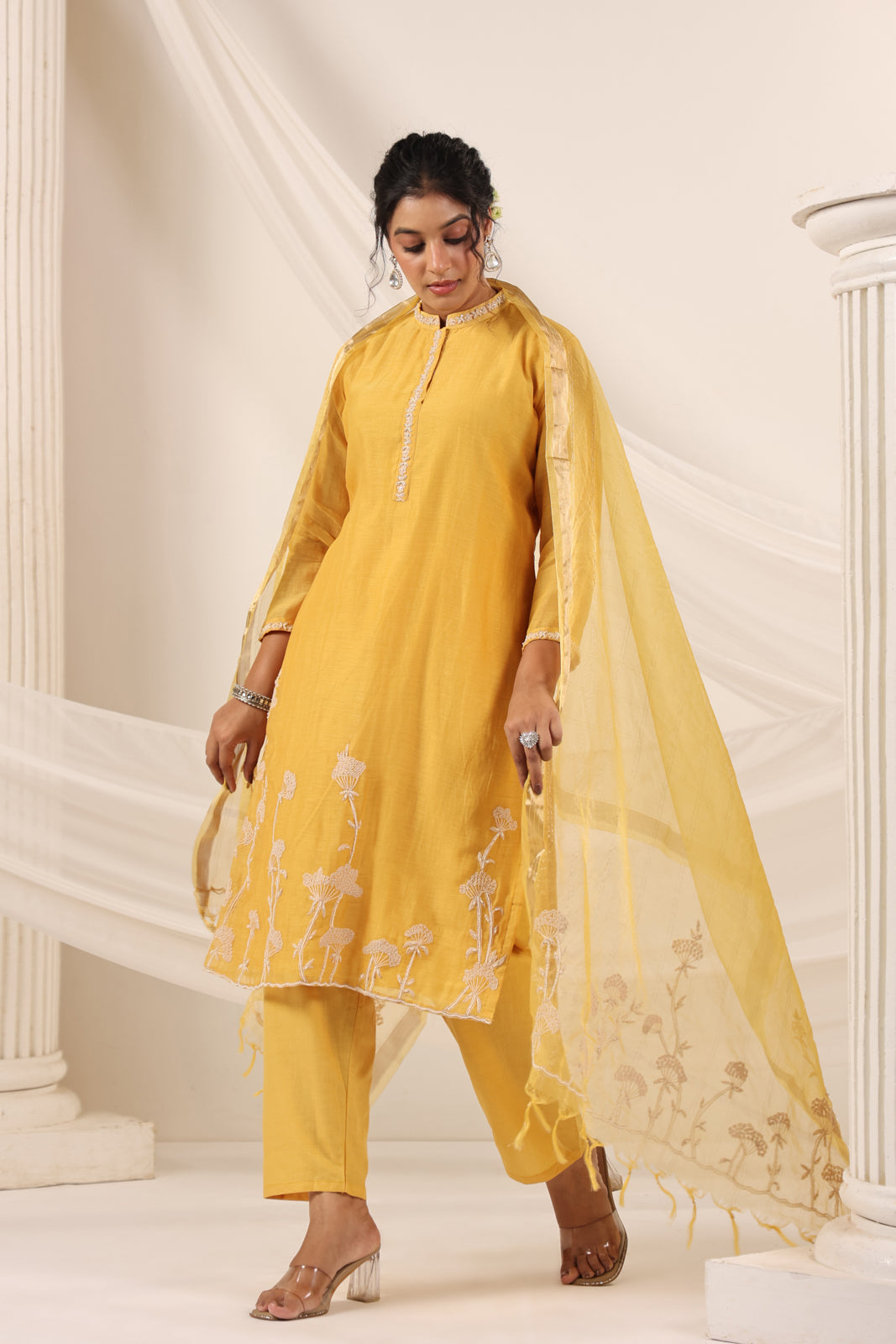 Mustard Yellow Chanderi Embroided Salwar Suit With Dupatta