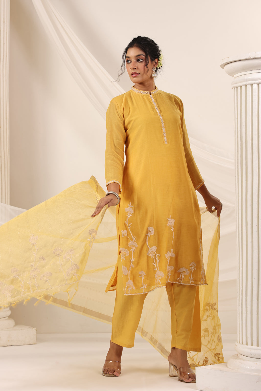 Mustard Yellow Chanderi Embroided Salwar Suit With Dupatta