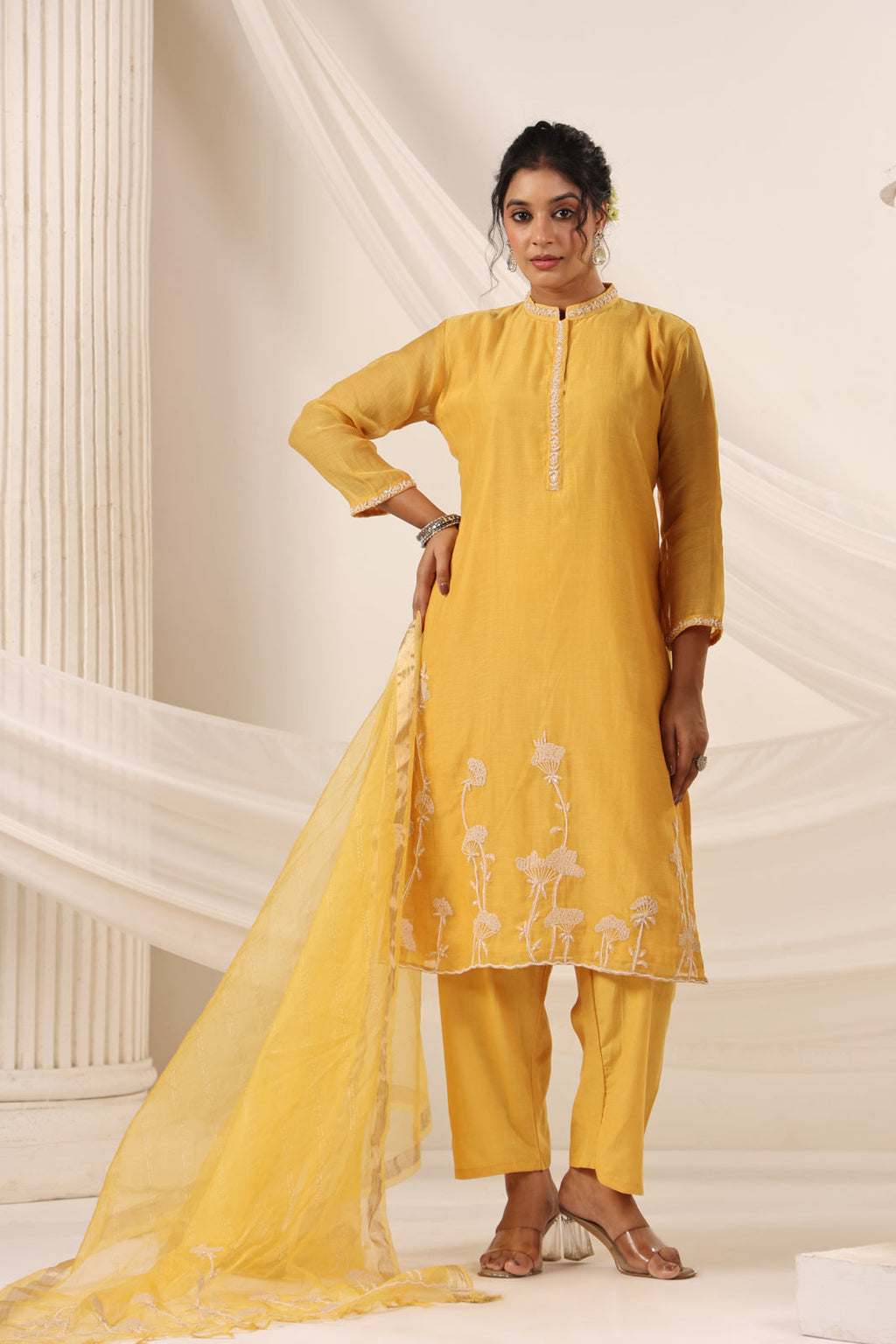 Mustard Yellow Chanderi Embroided Salwar Suit With Dupatta