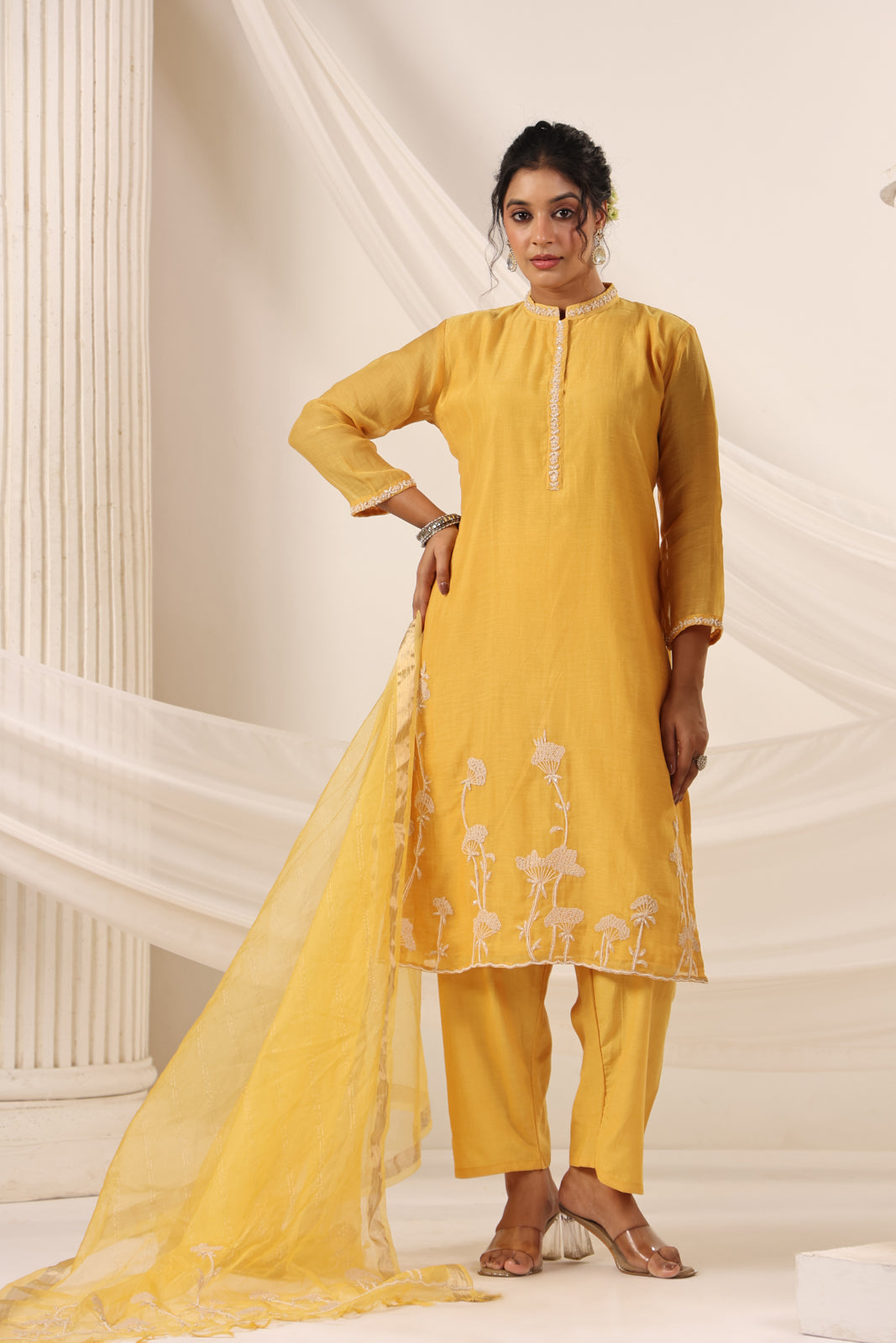 Mustard Yellow Chanderi Embroided Salwar Suit With Dupatta