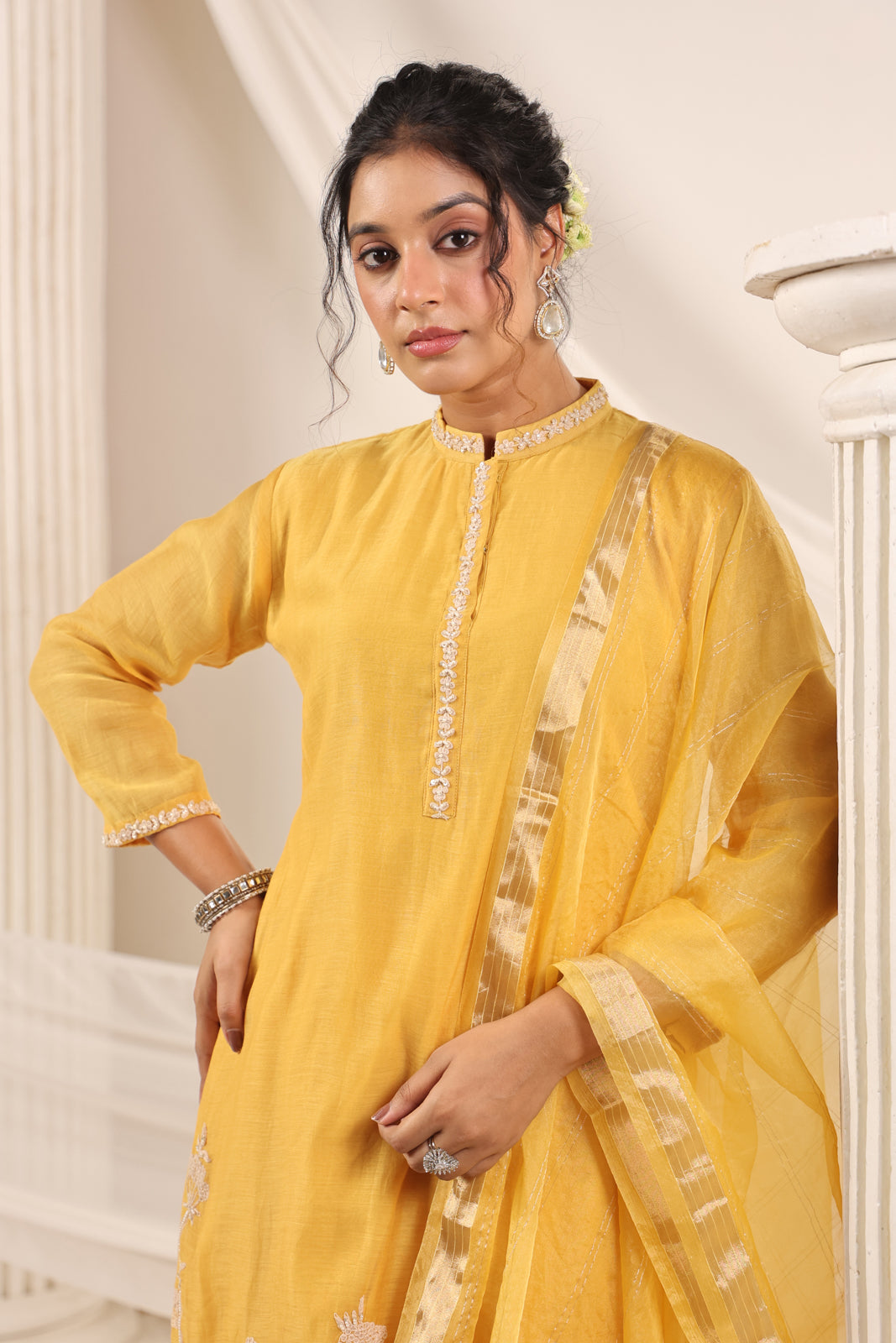 Mustard Yellow Chanderi Embroided Salwar Suit With Dupatta