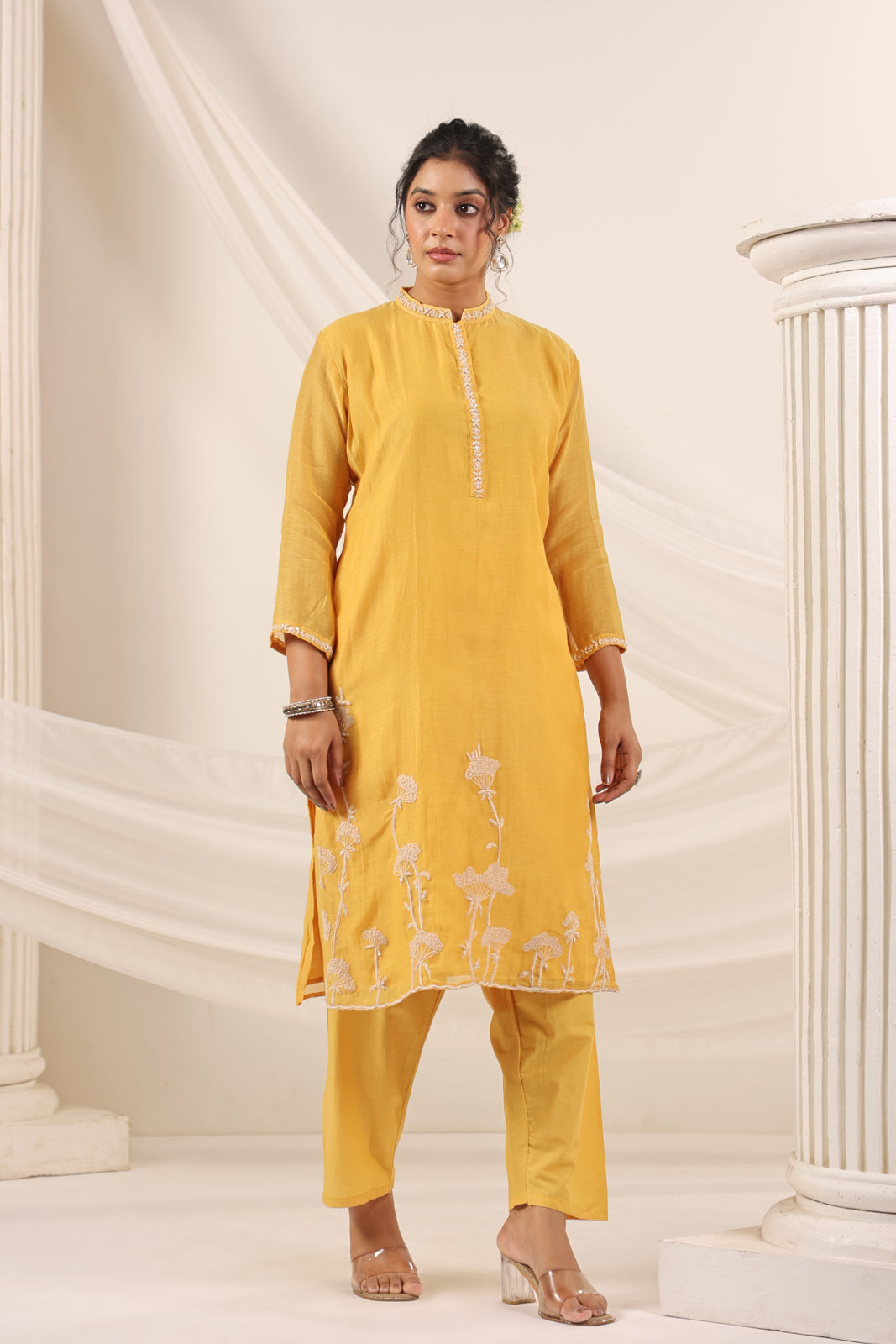 Mustard Yellow Chanderi Embroided Salwar Suit With Dupatta