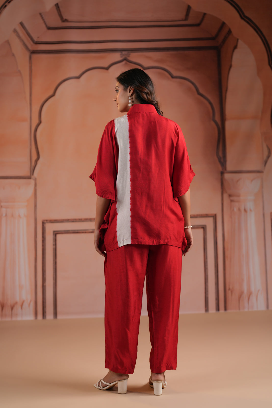 Red Raw Silk Collared Kaftan Set With French Knot & Sequin Embroidery And Matching Pant
