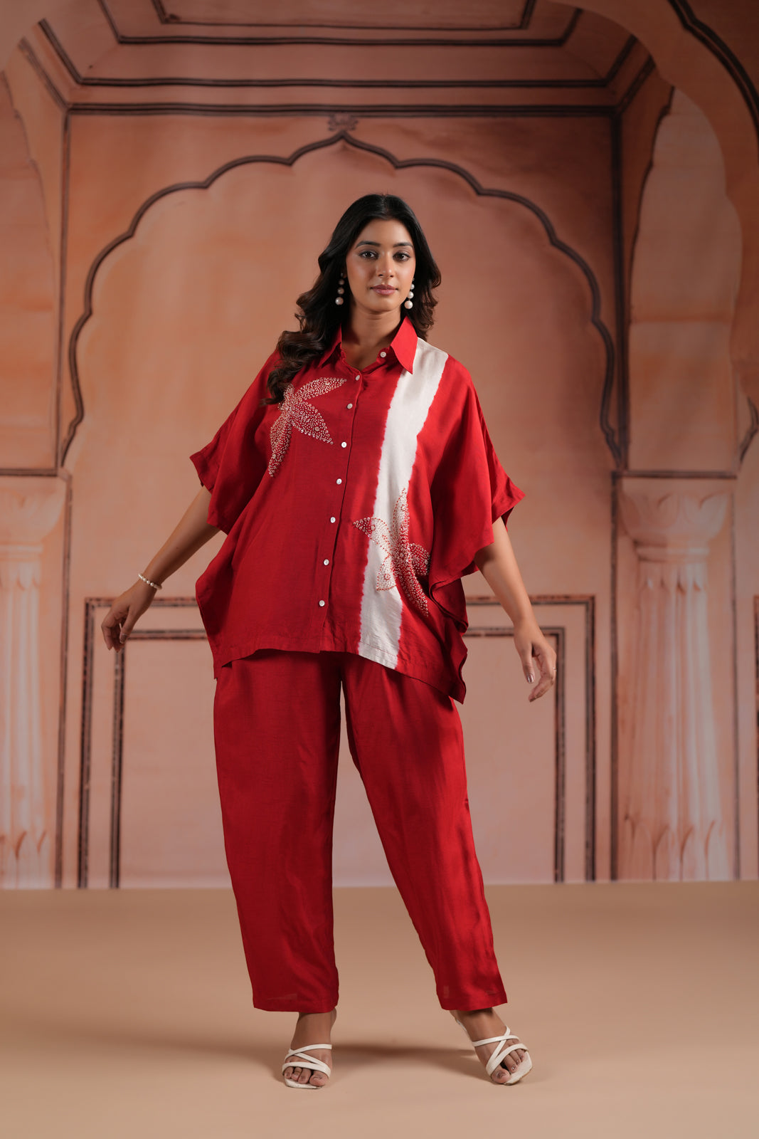 Red Raw Silk Collared Kaftan Set With French Knot & Sequin Embroidery And Matching Pant