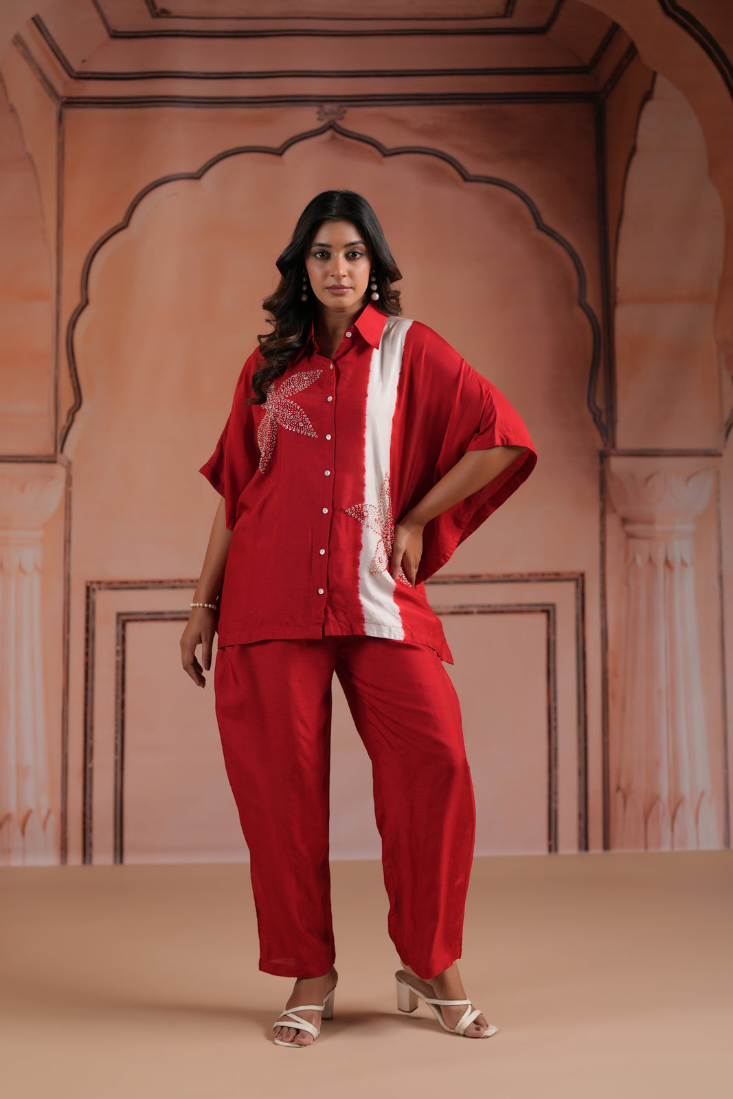 Red Raw Silk Collared Kaftan Set With French Knot & Sequin Embroidery And Matching Pant