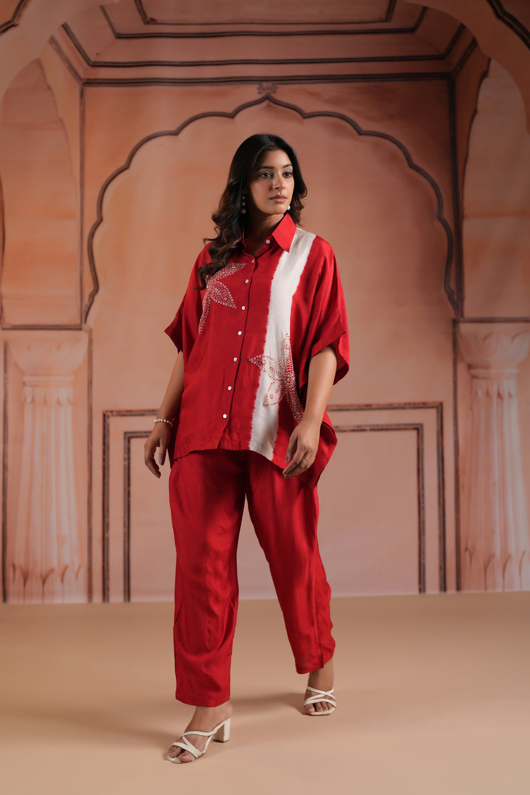 Red Raw Silk Collared Kaftan Set With French Knot & Sequin Embroidery And Matching Pant