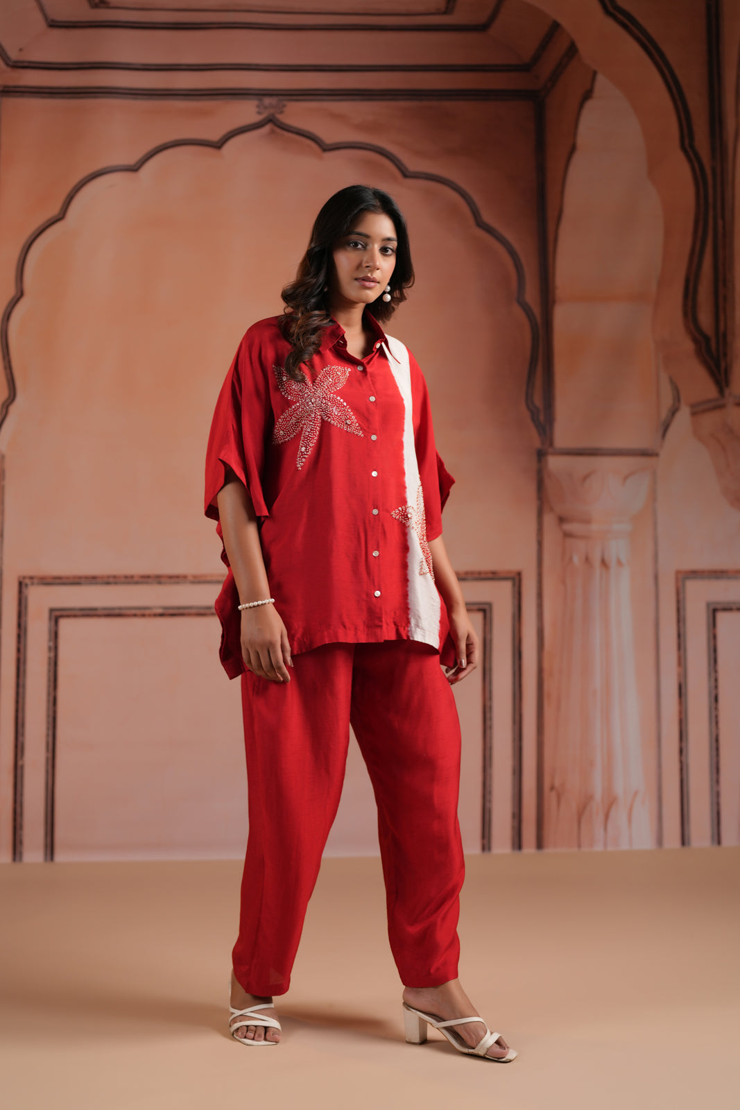 Red Raw Silk Collared Kaftan Set With French Knot & Sequin Embroidery And Matching Pant