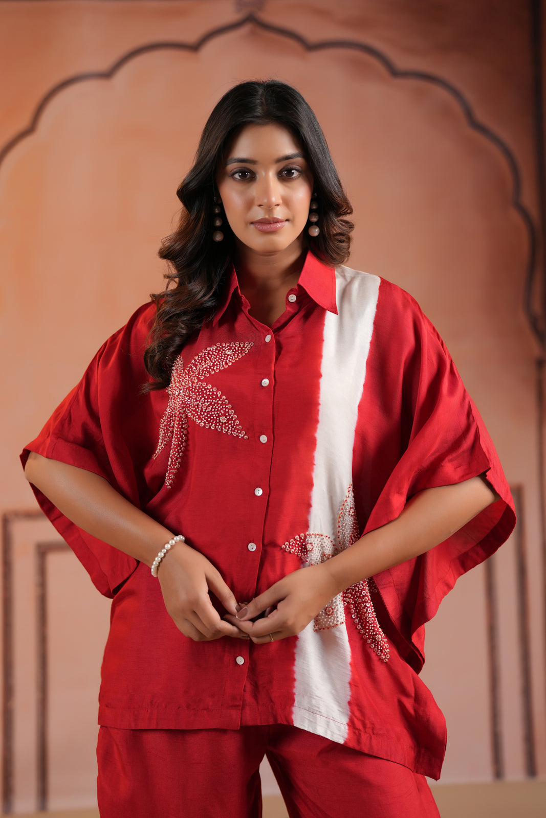 Red Raw Silk Collared Kaftan Set With French Knot & Sequin Embroidery And Matching Pant