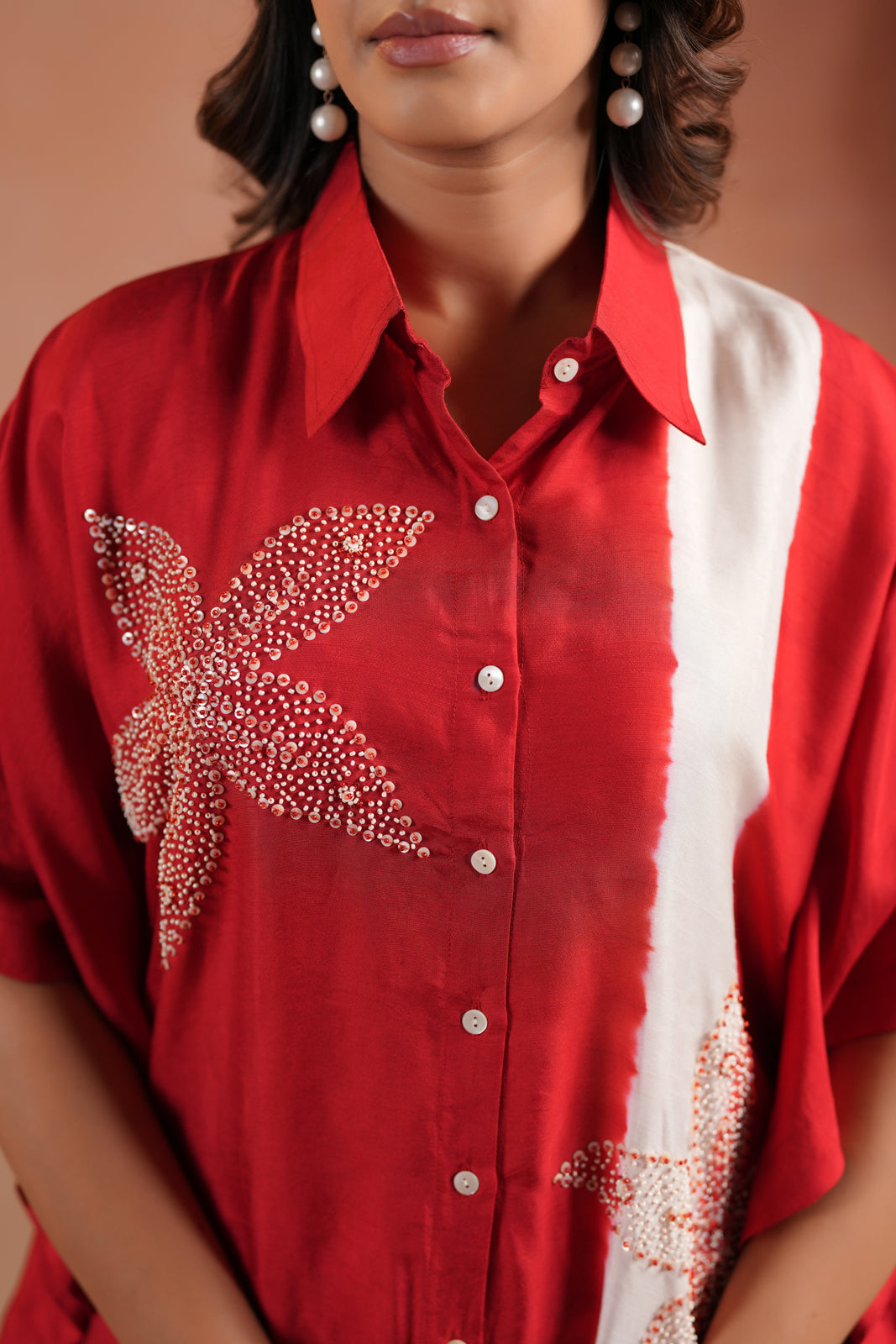Red Raw Silk Collared Kaftan Set With French Knot & Sequin Embroidery And Matching Pant