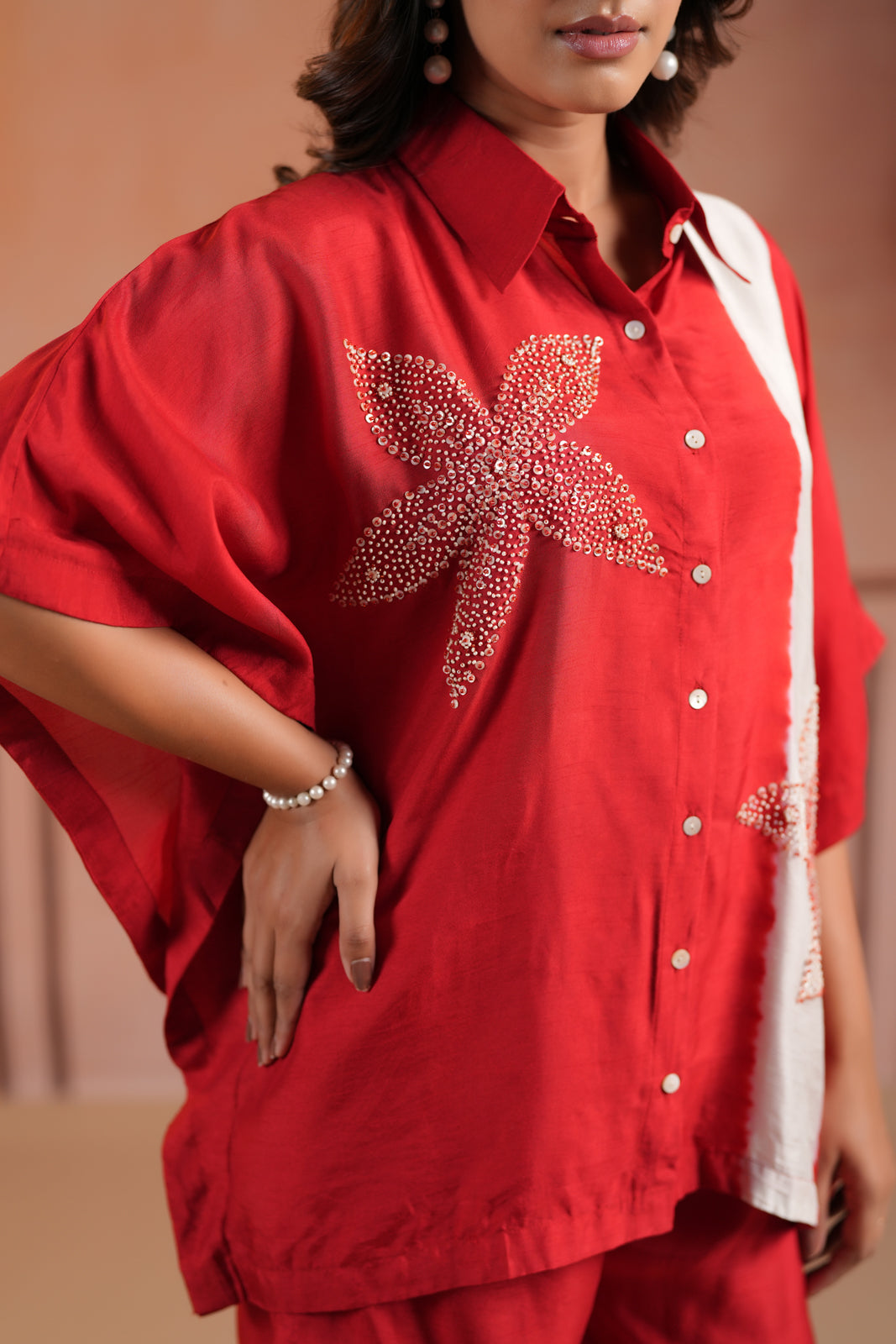 Red Raw Silk Collared Kaftan Set With French Knot & Sequin Embroidery And Matching Pant