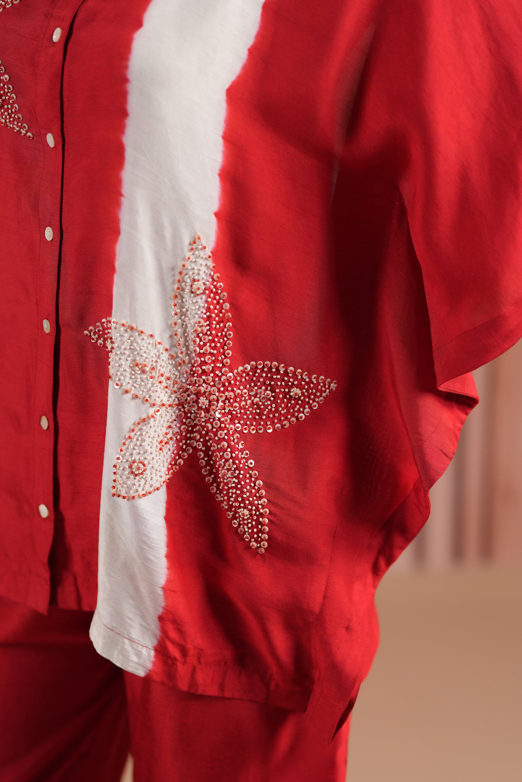 Red Raw Silk Collared Kaftan Set With French Knot & Sequin Embroidery And Matching Pant