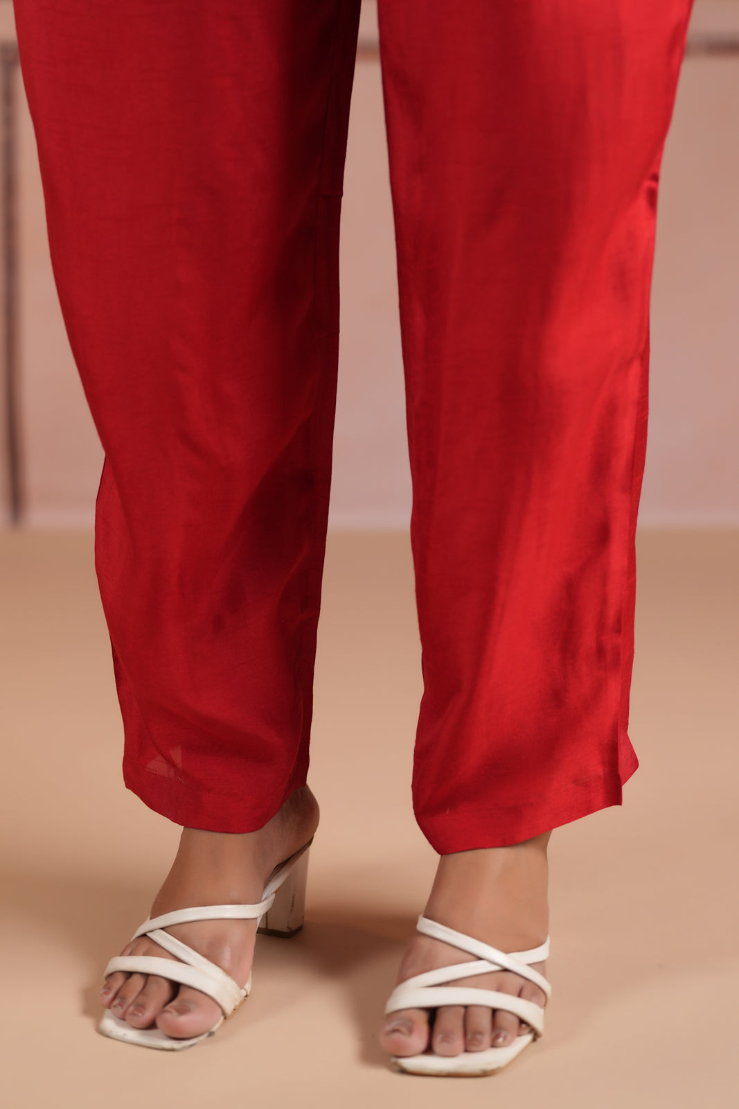 Red Raw Silk Collared Kaftan Set With French Knot & Sequin Embroidery And Matching Pant