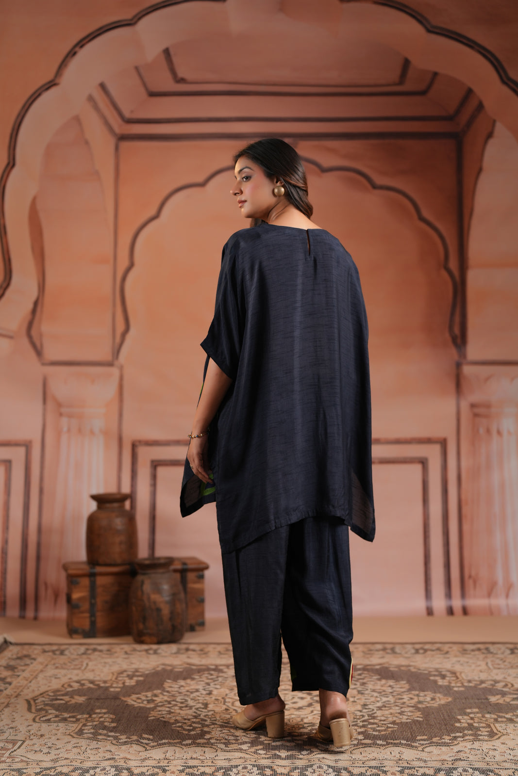 Navy Blue Raw Silk Kaftan Set With Statement Embroidery