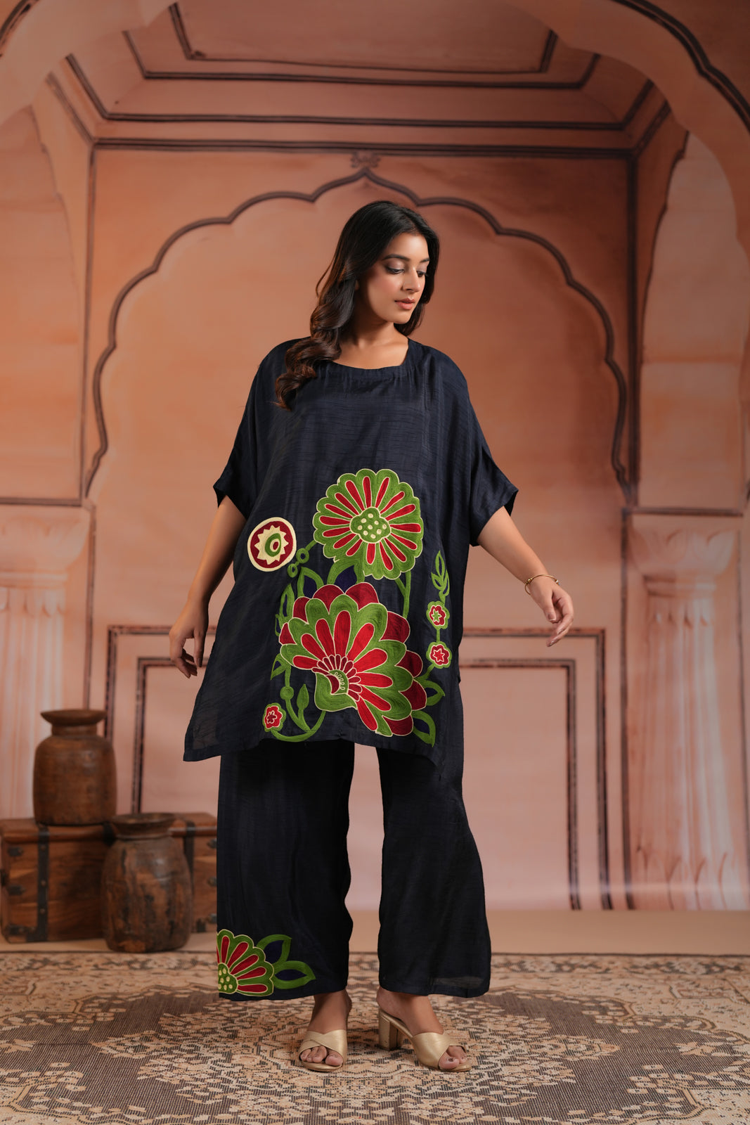 Navy Blue Raw Silk Kaftan Set With Statement Embroidery