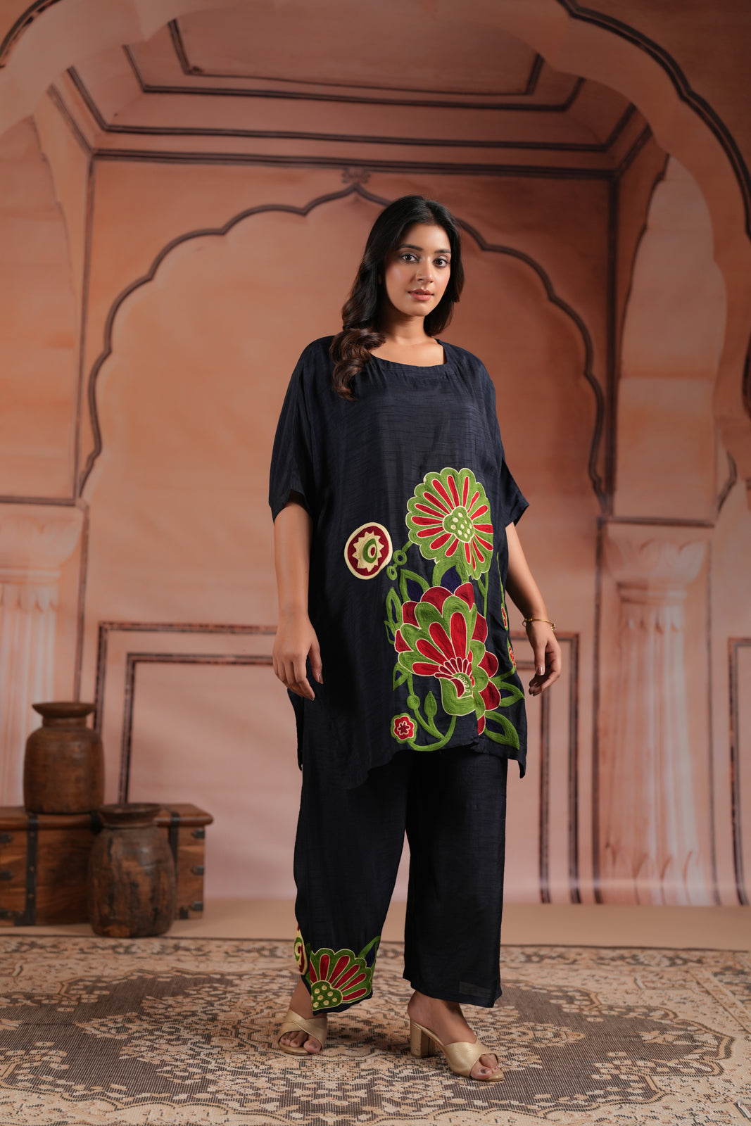 Navy Blue Raw Silk Kaftan Set With Statement Embroidery