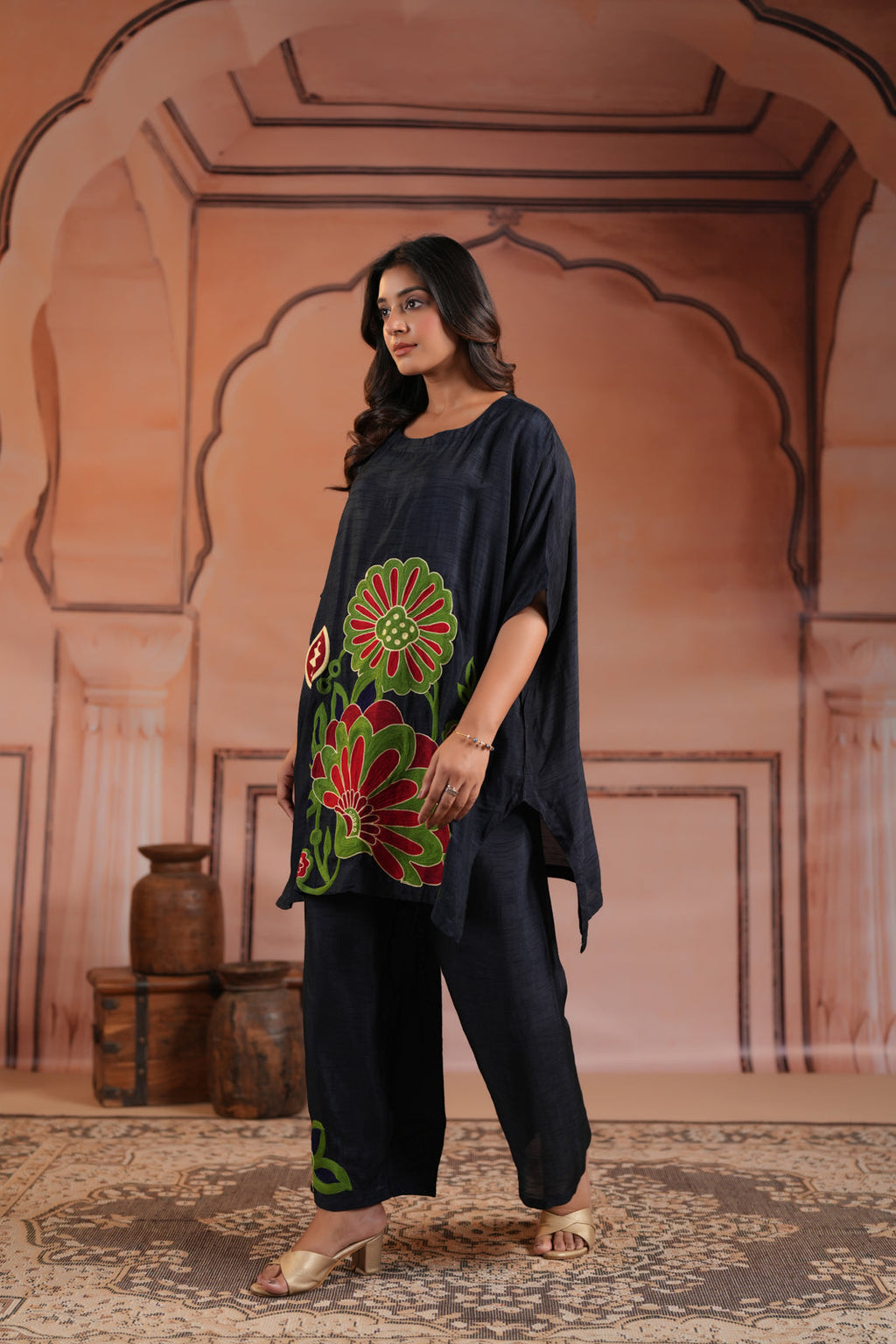 Navy Blue Raw Silk Kaftan Set With Statement Embroidery