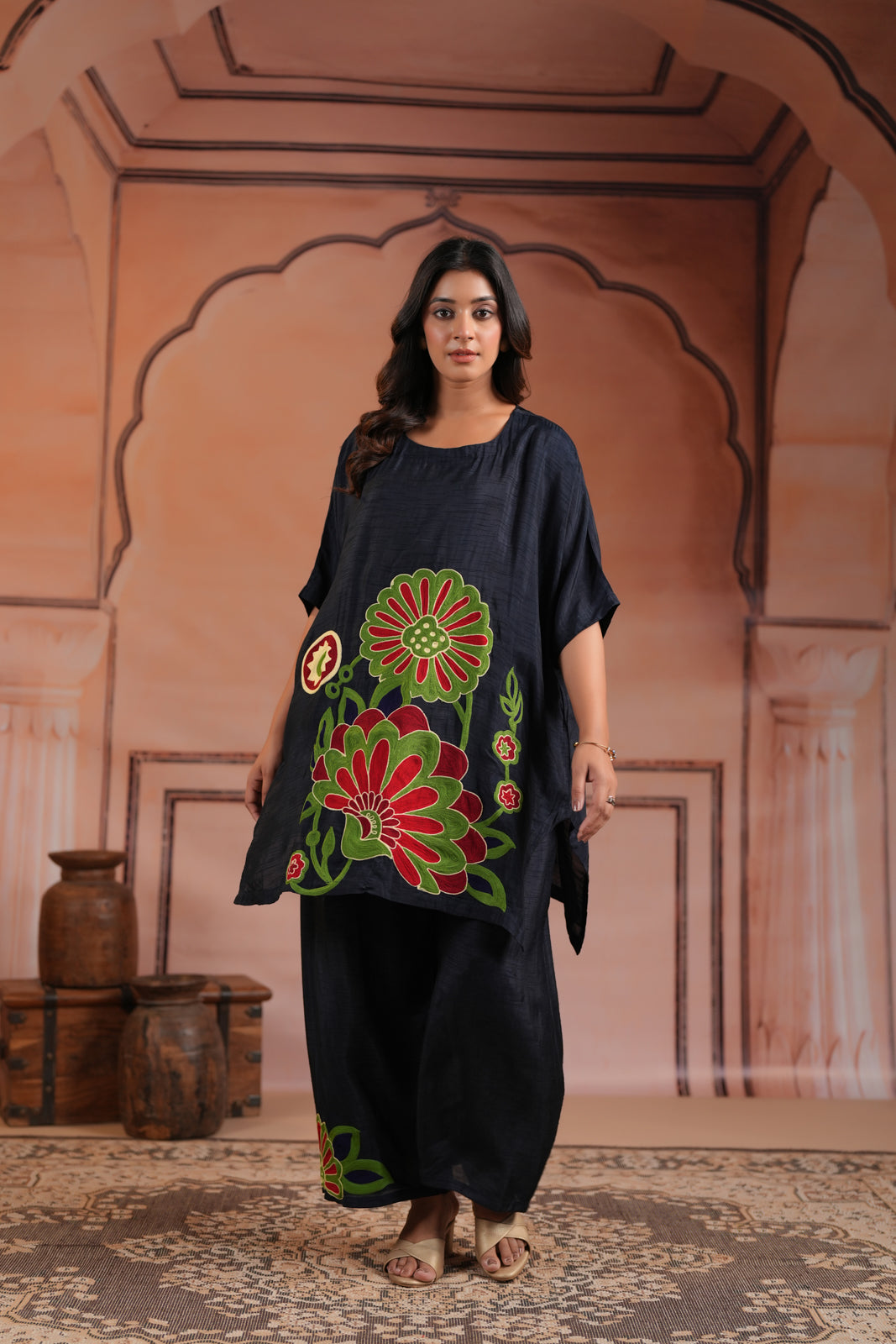 Navy Blue Raw Silk Kaftan Set With Statement Embroidery