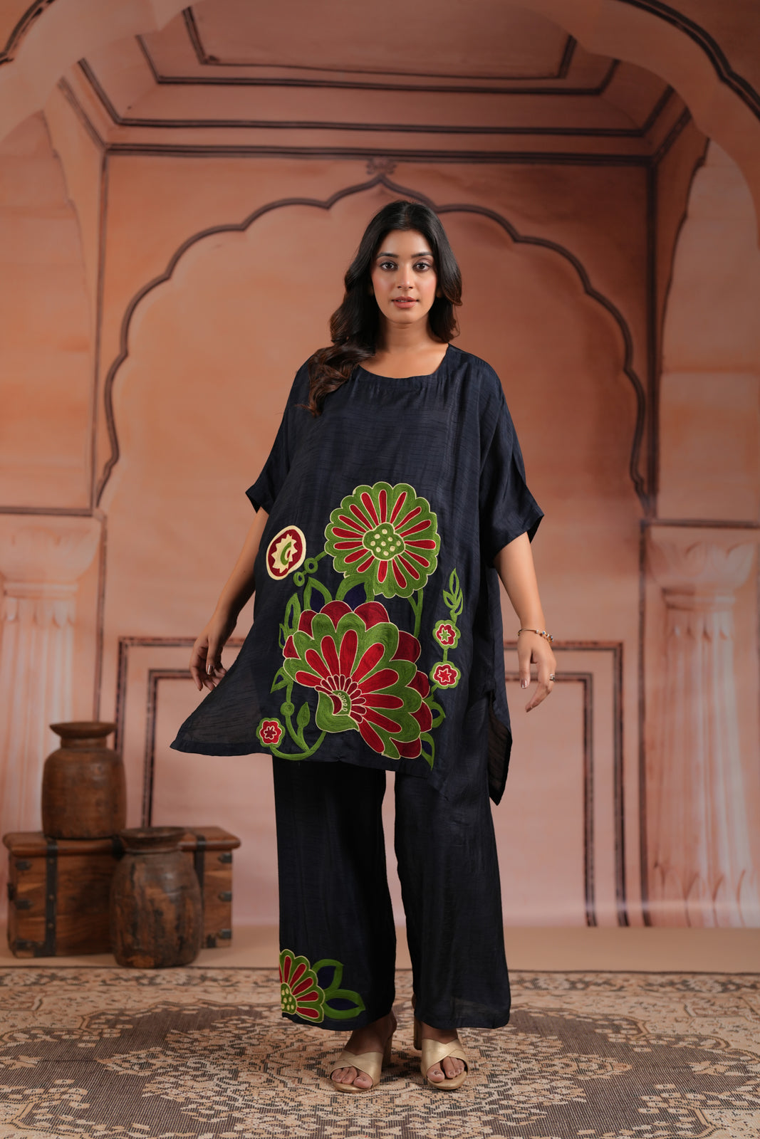 Navy Blue Raw Silk Kaftan Set With Statement Embroidery