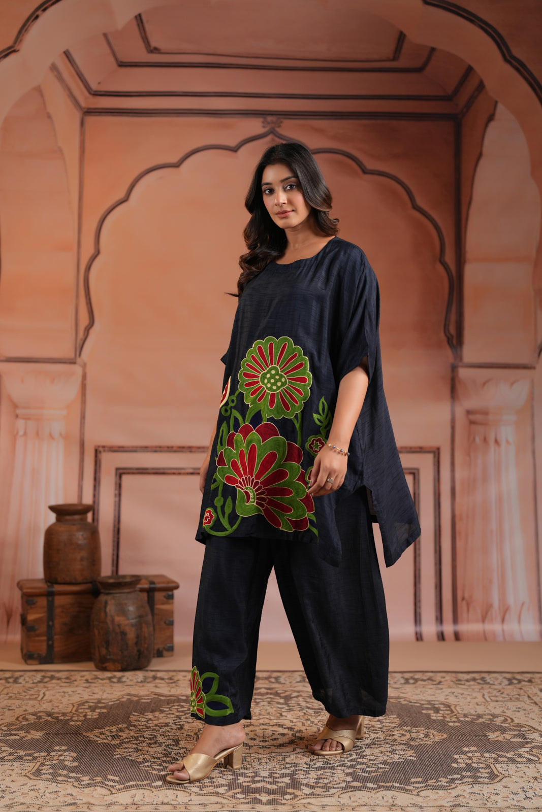 Navy Blue Raw Silk Kaftan Set With Statement Embroidery