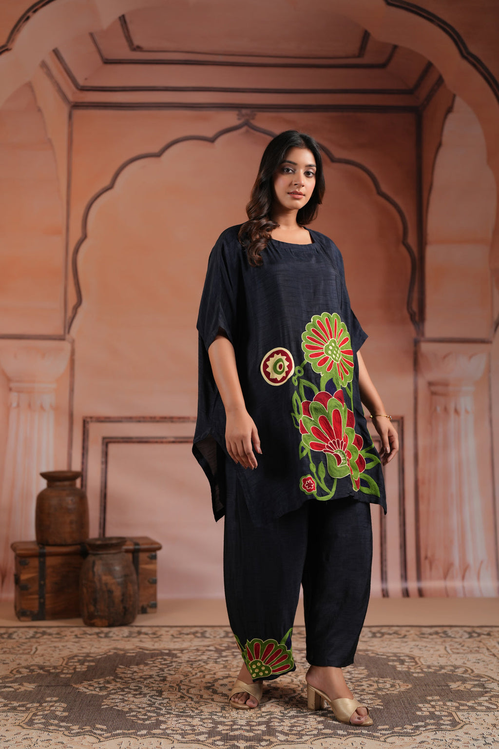 Navy Blue Raw Silk Kaftan Set With Statement Embroidery
