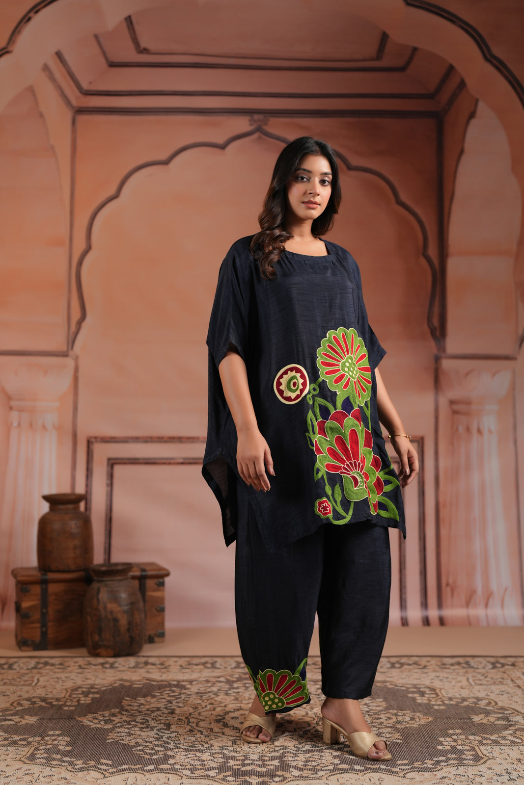 Navy Blue Raw Silk Kaftan Set With Statement Embroidery
