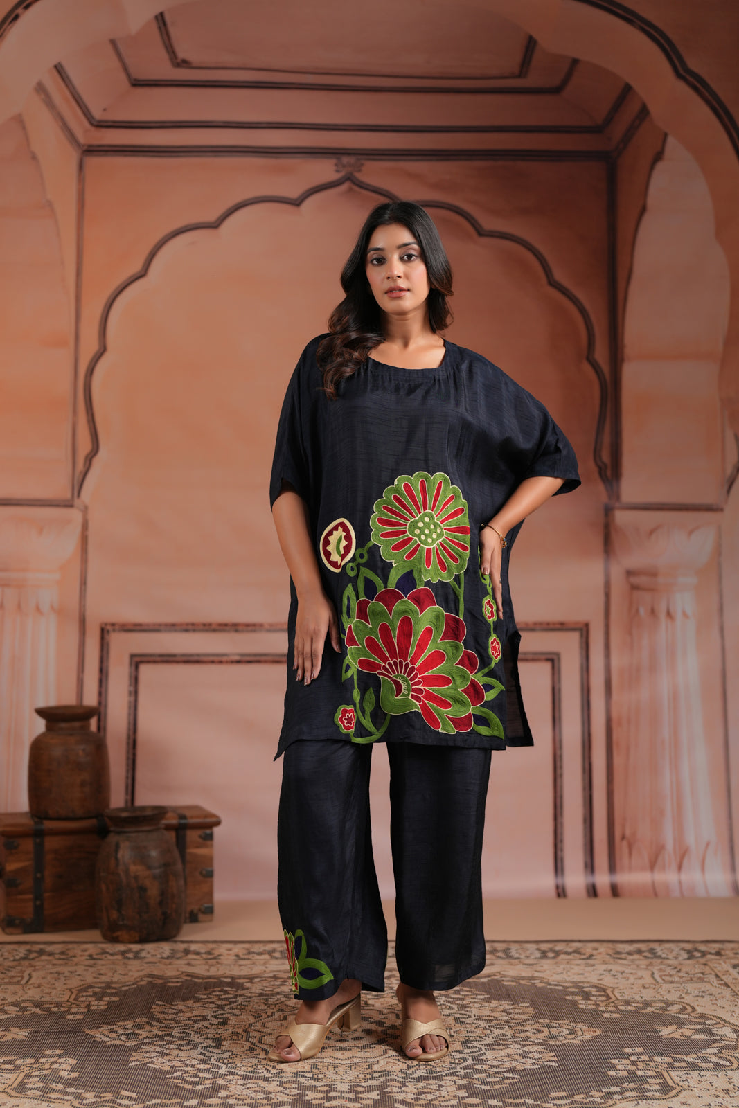Navy Blue Raw Silk Kaftan Set With Statement Embroidery