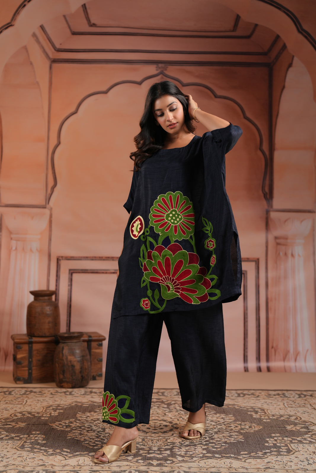 Navy Blue Raw Silk Kaftan Set With Statement Embroidery