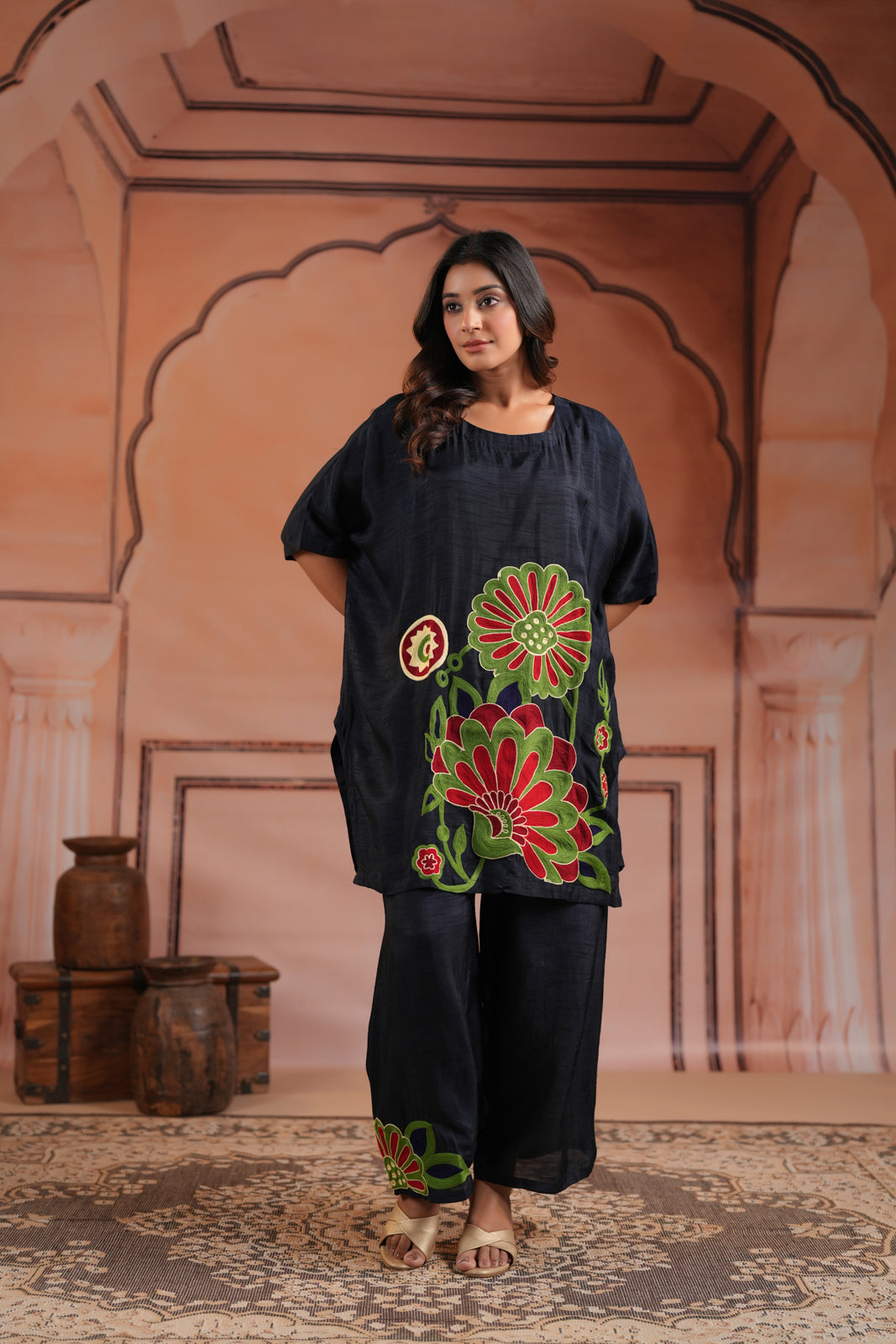Navy Blue Raw Silk Kaftan Set With Statement Embroidery