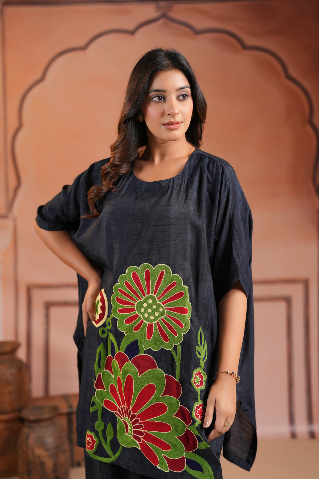 Navy Blue Raw Silk Kaftan Set With Statement Embroidery