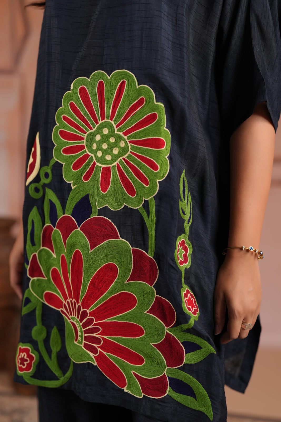 Navy Blue Raw Silk Kaftan Set With Statement Embroidery