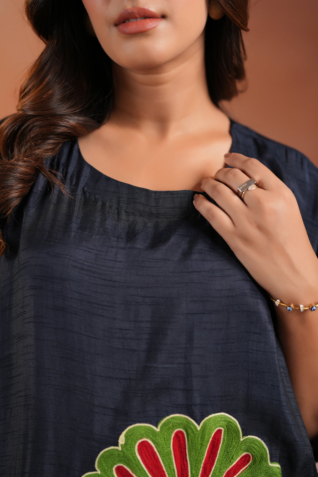 Navy Blue Raw Silk Kaftan Set With Statement Embroidery