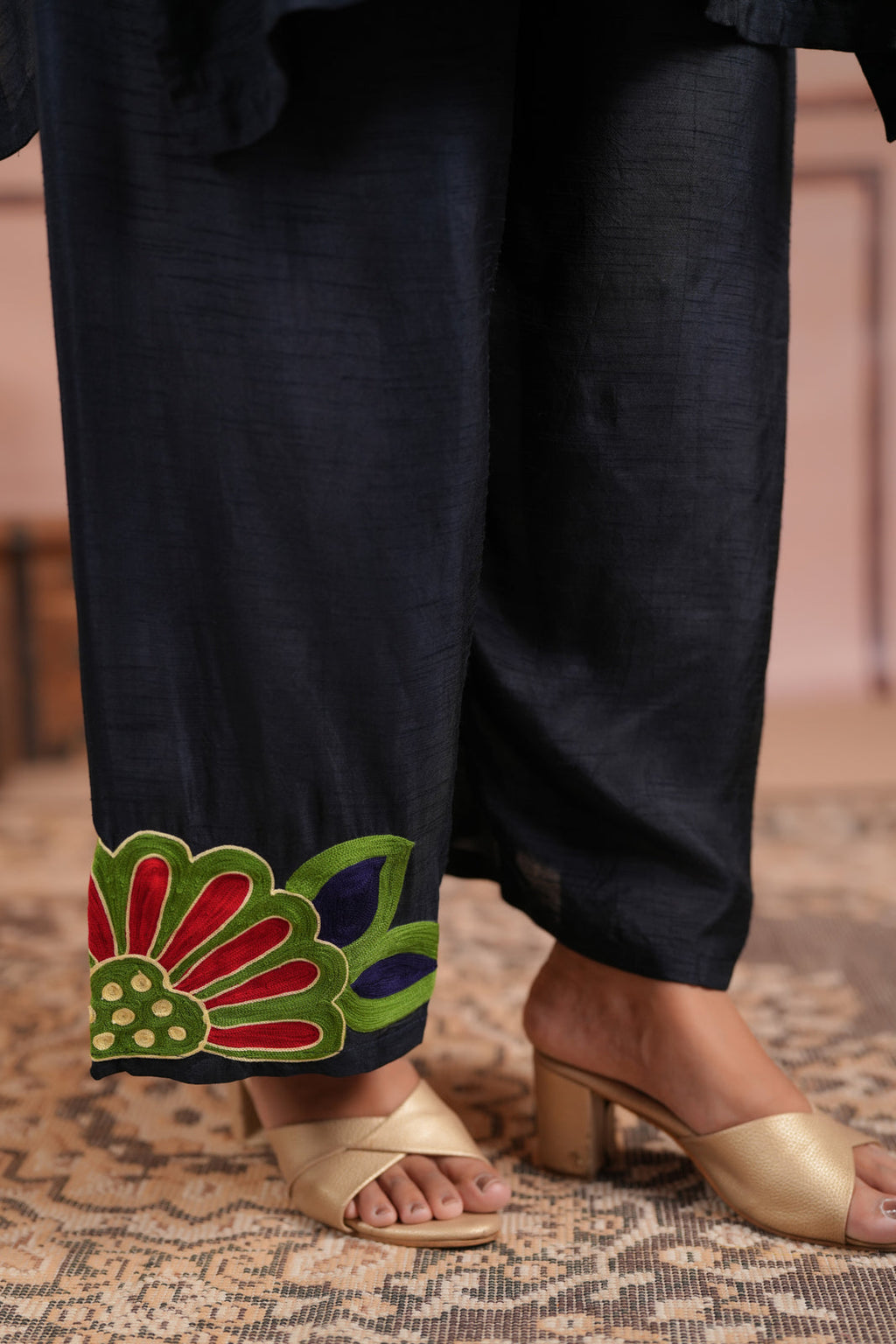 Navy Blue Raw Silk Kaftan Set With Statement Embroidery