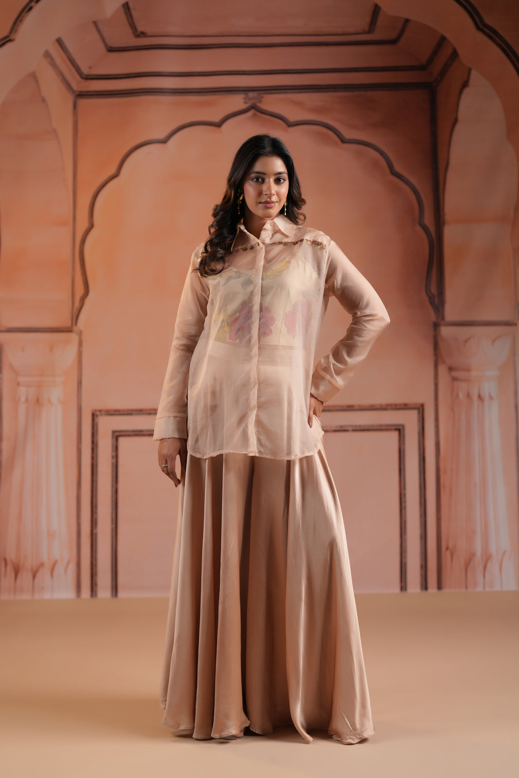 Beige Crepe Indo Western Outfit With Printed Crop Top And Collared Shirt Sharara Pant