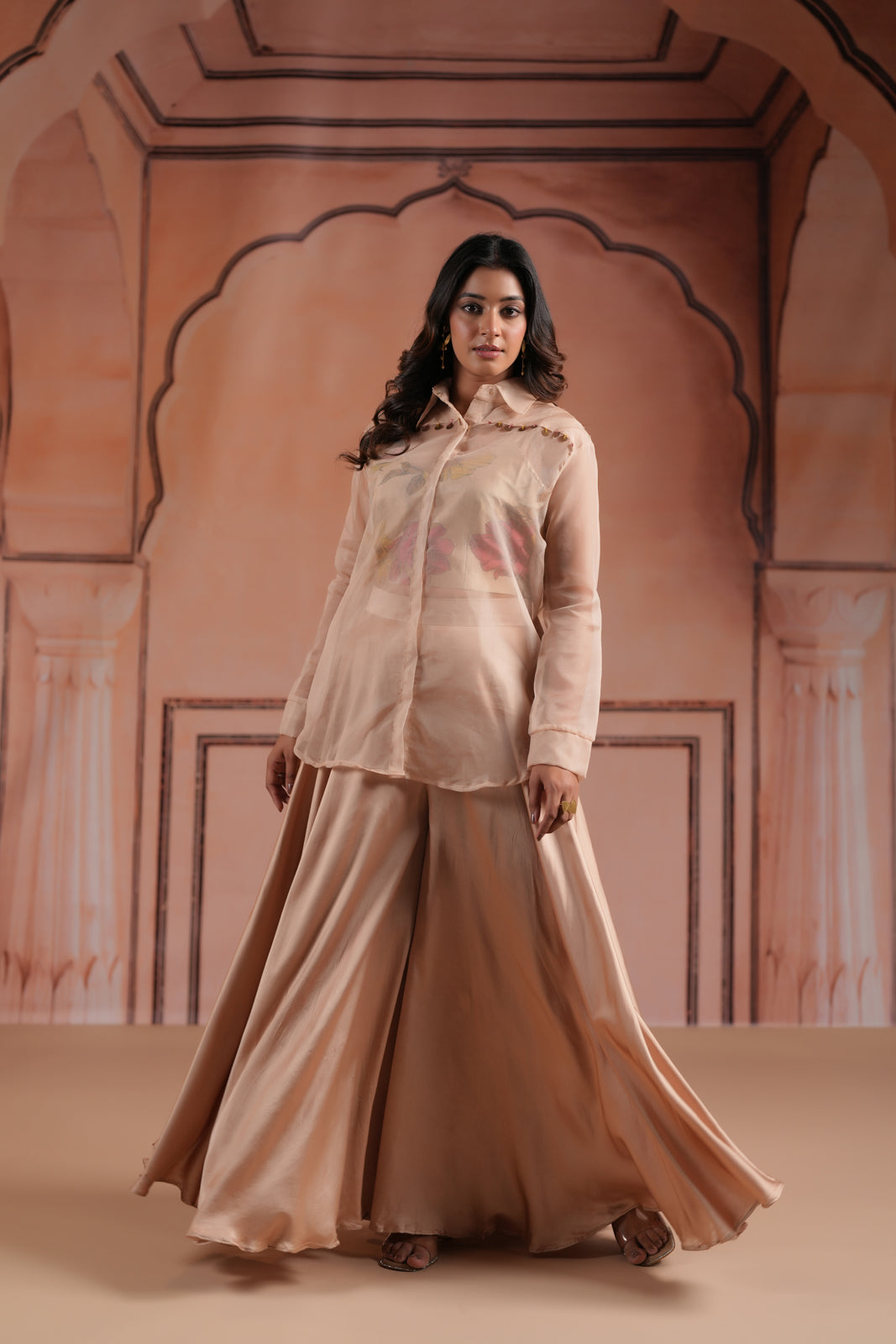 Beige Crepe Indo Western Outfit With Printed Crop Top And Collared Shirt Sharara Pant
